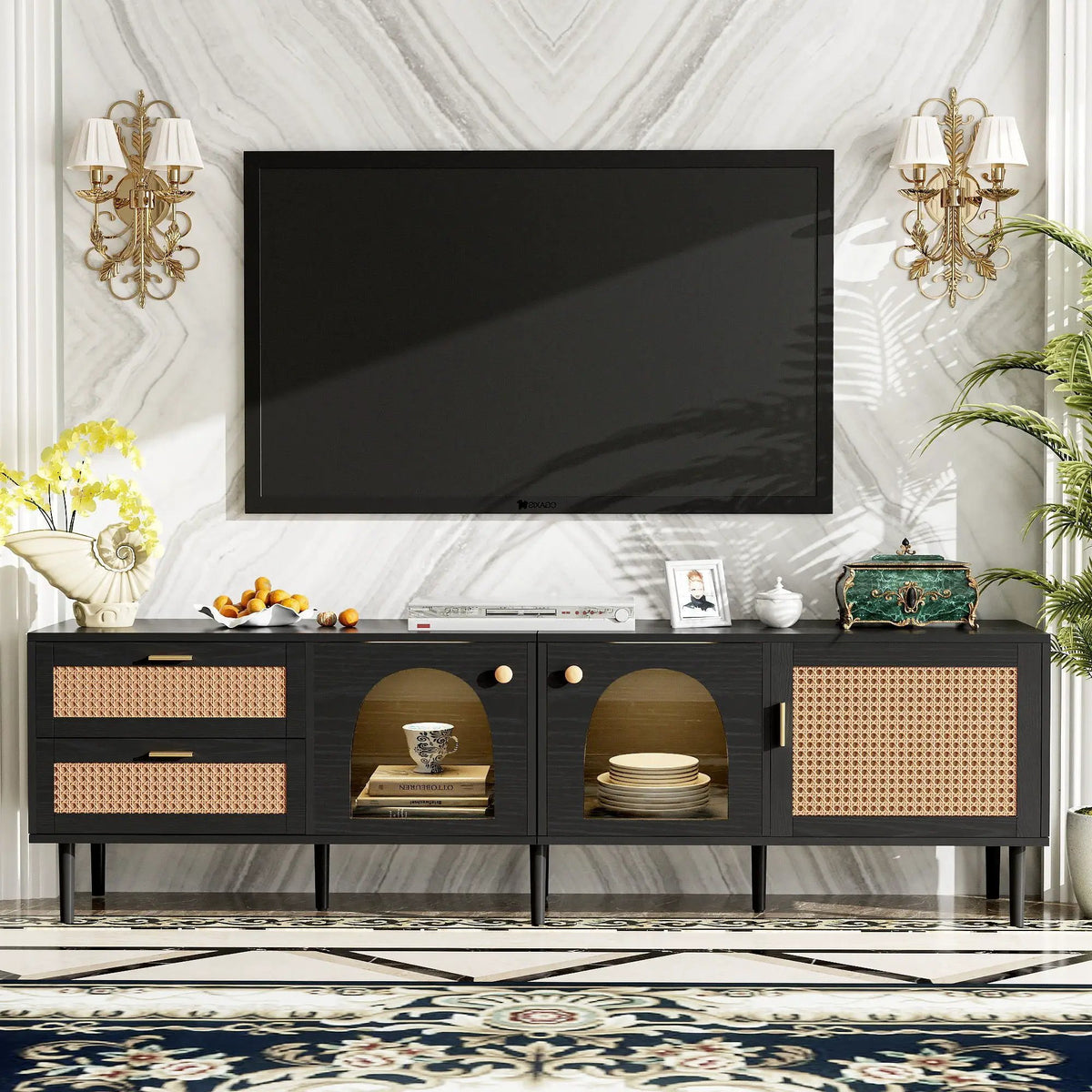 TV Stand | App Controlled LED Lights | Rattan Door Storage | Large TV