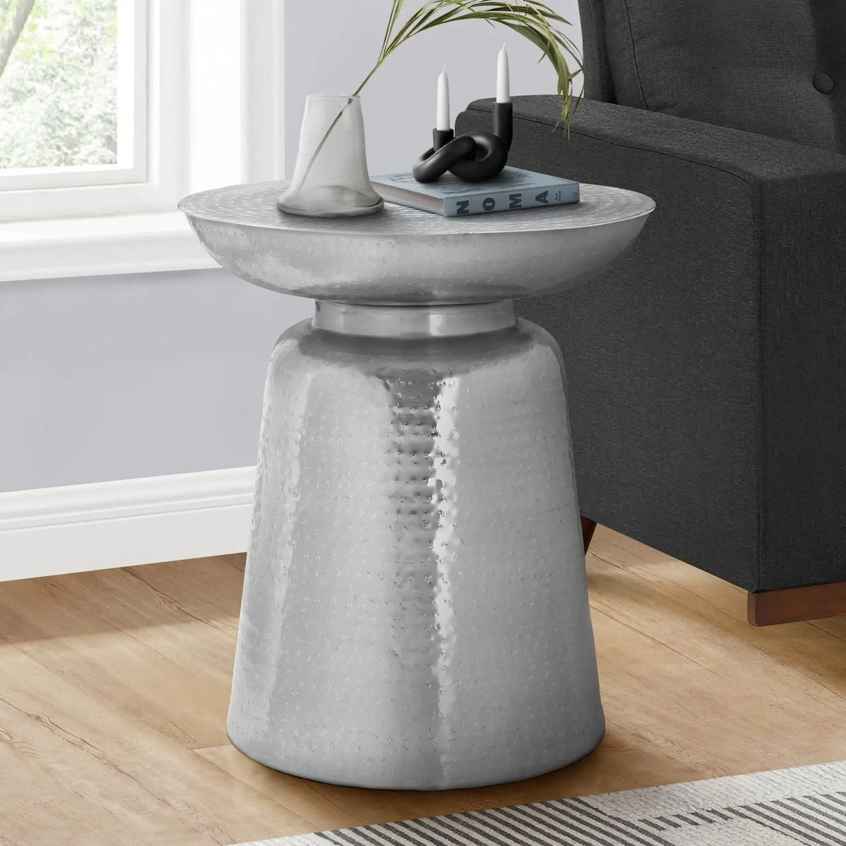 Drum Accent Side Table | Hammered Texture | Elegant Bell Shape | Handcrafted Metal