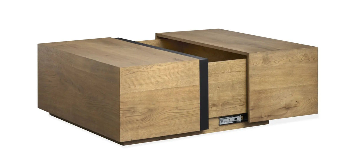 Ripley Square Cocktail Table With Casters | 42 x 42 x 17 in | Oak Veneer & Metal | Rustic Caramel