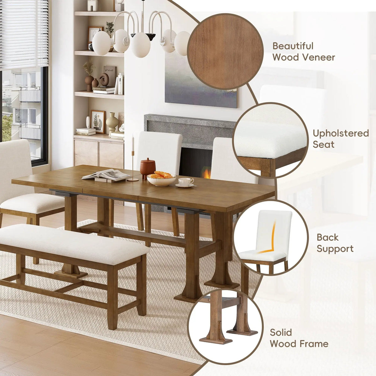 Farmhouse Dining Table Set | Solid Wood | Removable Leaf | 6 Piece