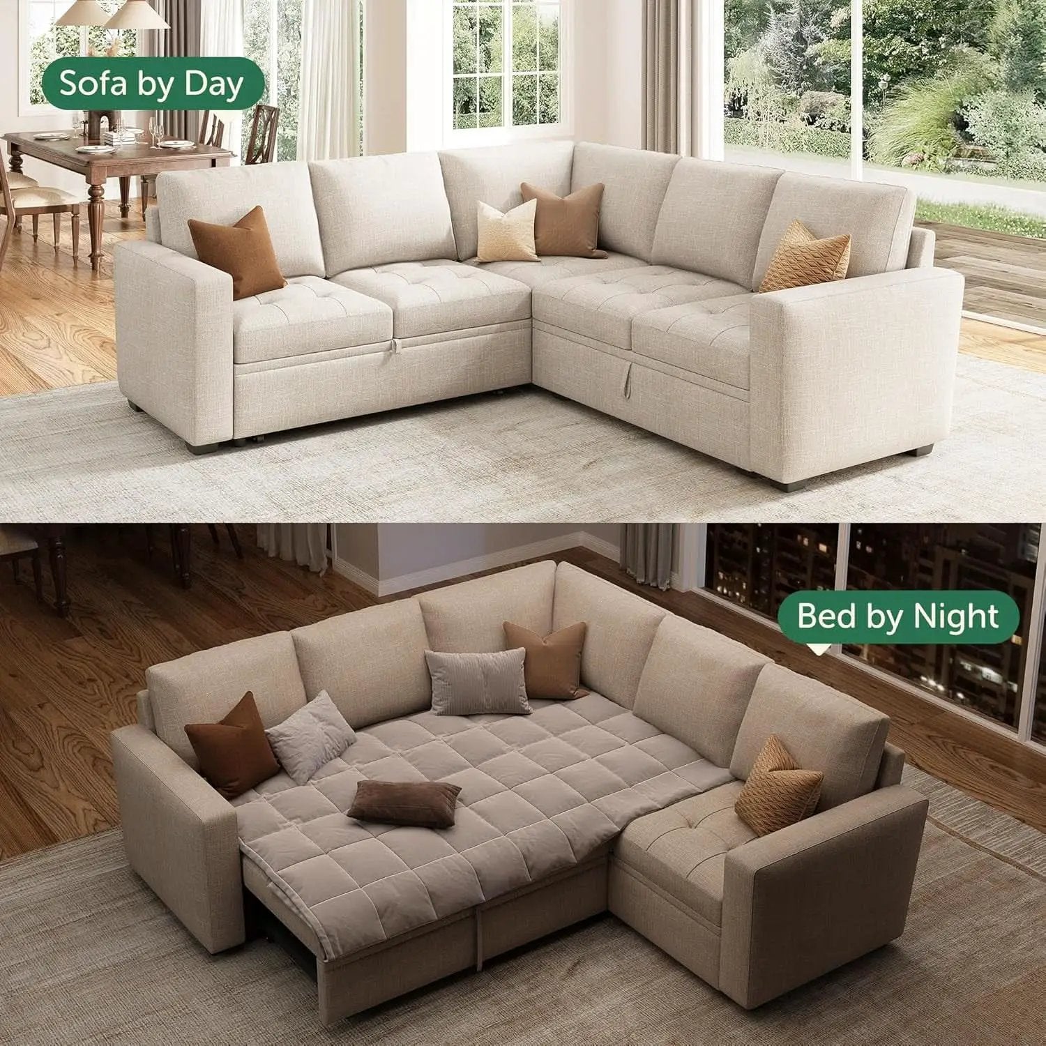 Beige Modular Sleeper Sectional Sofa With StorageBin from PriceLows™