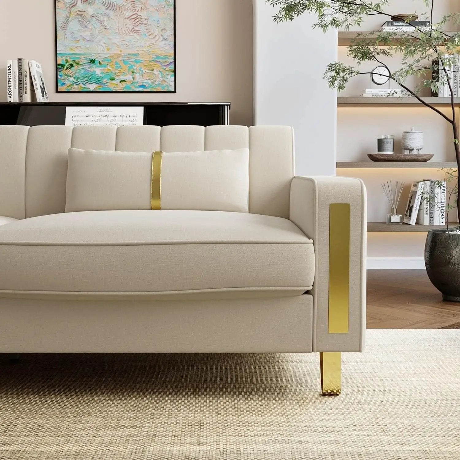 86 Inch Beige Velvet Loveseat With Gold Metal Legs Modern from PriceLows™