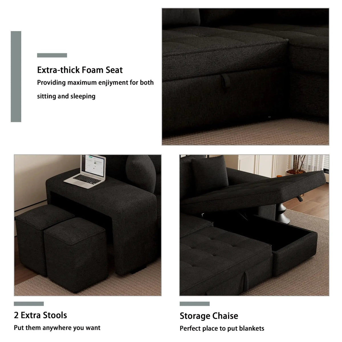 Modern L-Shape 3 Seat Reversible Sectional Couch, Pull Out Sleeper Sofa With Storage | 4 Pieces | Fabric | Living Room