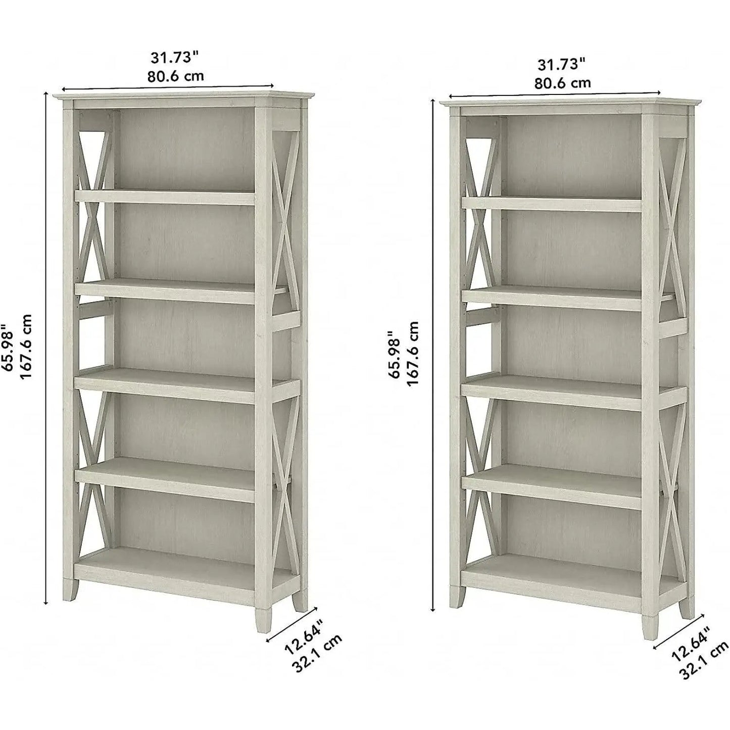 Linen White Oak 5 Shelf Bookcase Set 2 Tall 66H 32W 13D from PriceLows™