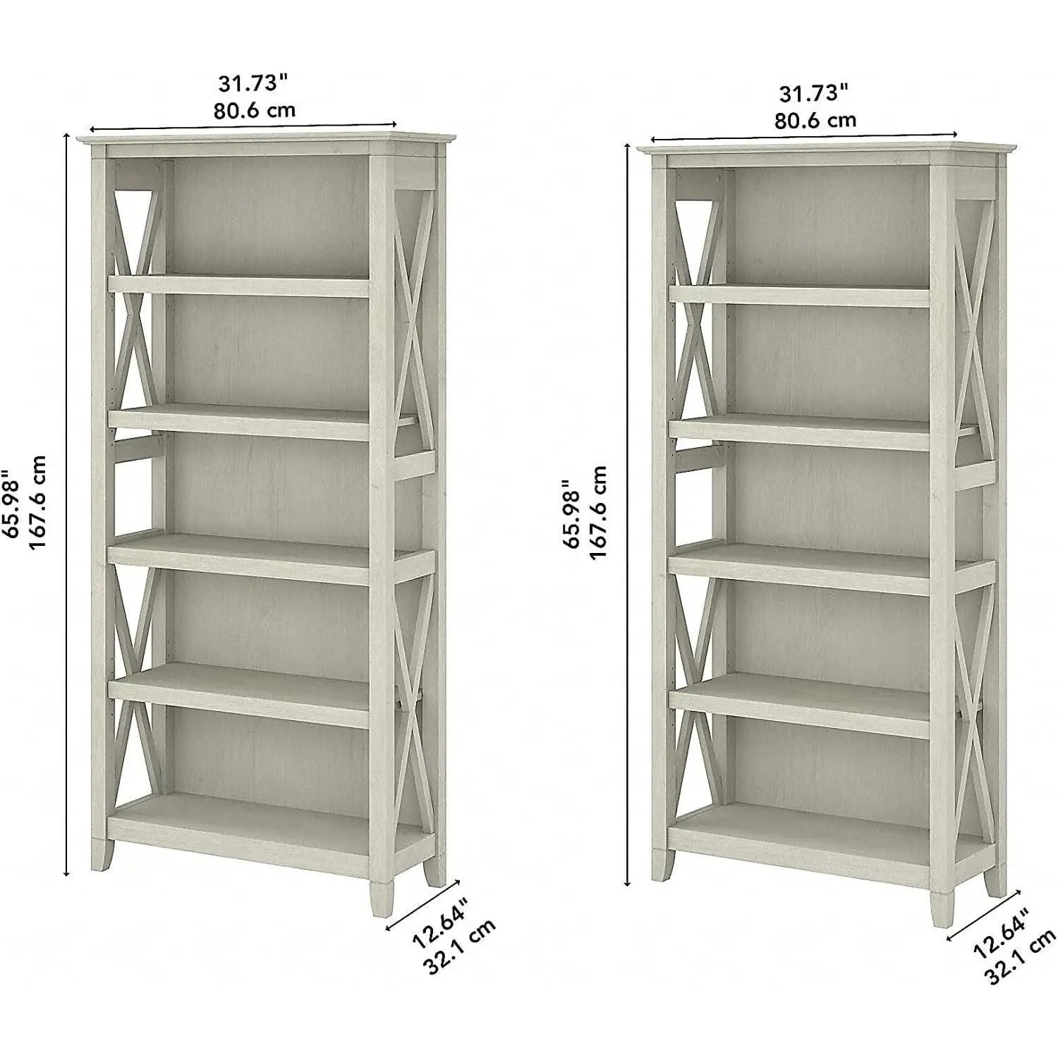 Linen White Oak 5 Shelf Bookcase Set 2 Tall 66H 32W 13D from PriceLows™