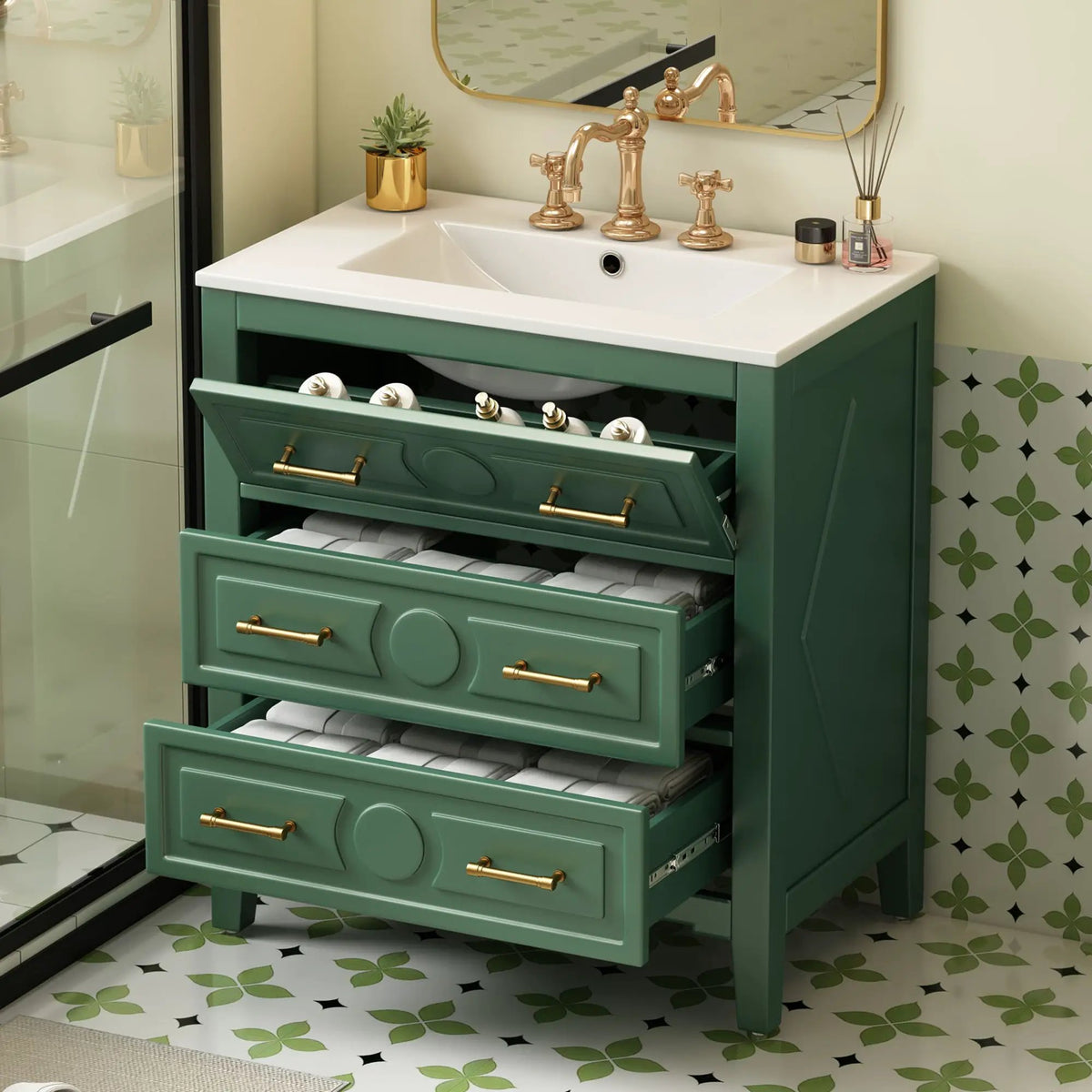 30 Inch Retro Bathroom Vanity | Free Standing Single Set | 3 Drawers | Solid Wood Frame