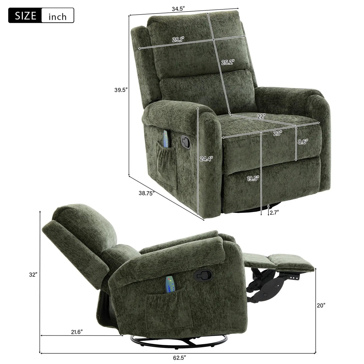 Manual Massage Recliner | Swivel Rocker | 8 Massage Modes | Side Storage Pocket