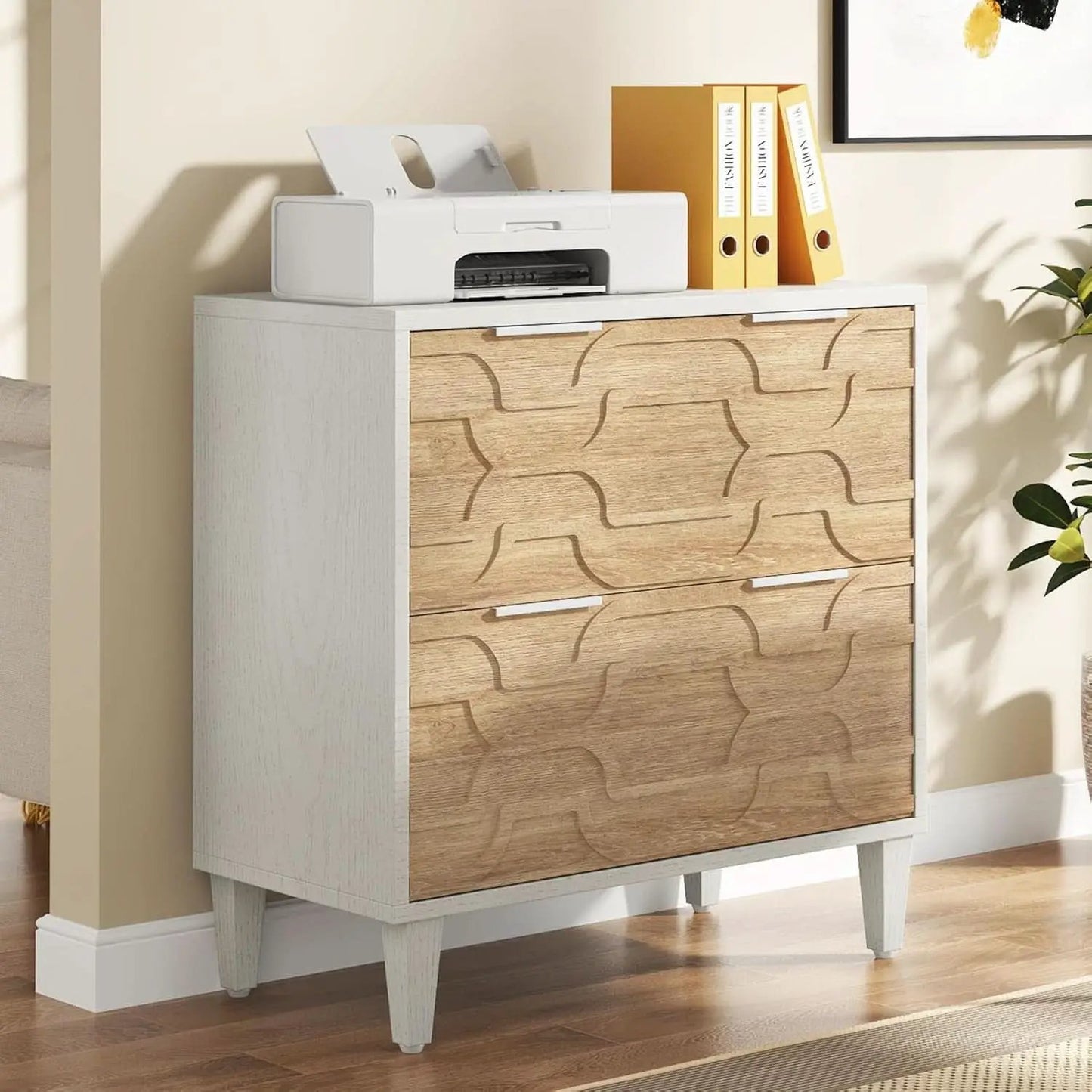 Two Drawer Lateral File Cabinet For A4 Letter And Legal Size Documents White And Walnut Printer Stand from PriceLows™
