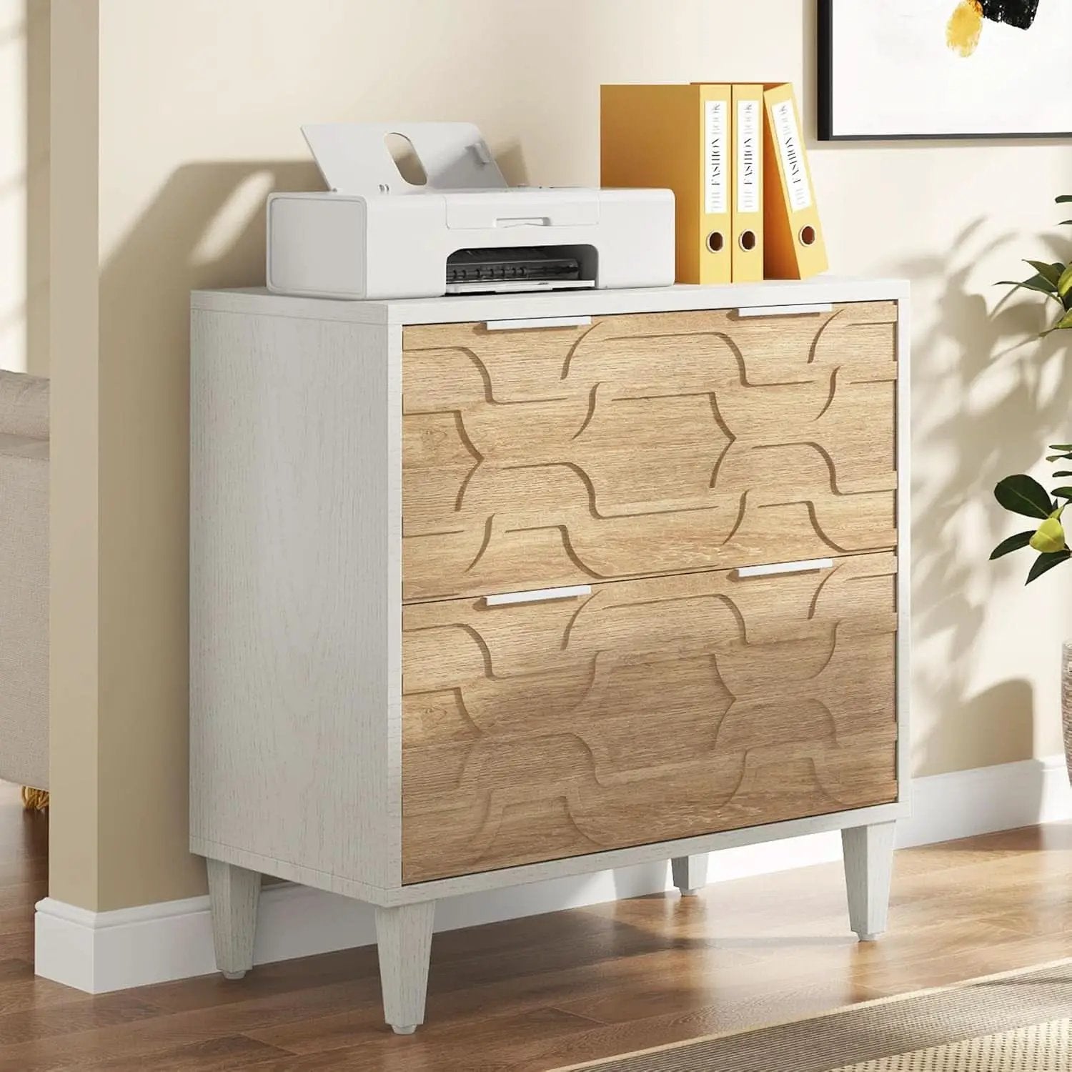 Two Drawer Lateral File Cabinet For A4 Letter And Legal Size Documents White And Walnut Printer Stand from PriceLows™