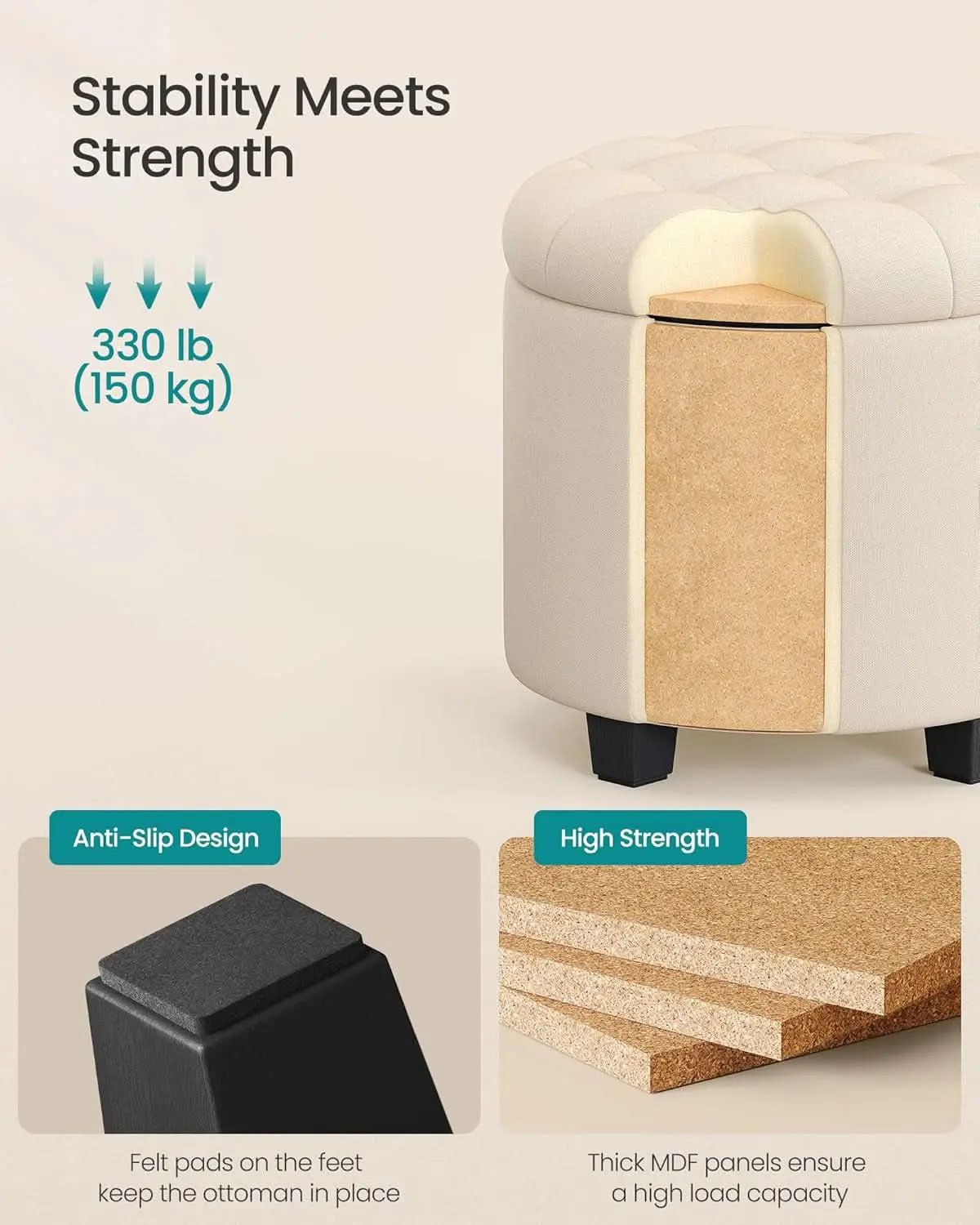 Round Ottoman With Durable Storage Linen-Look Beige from PriceLows™