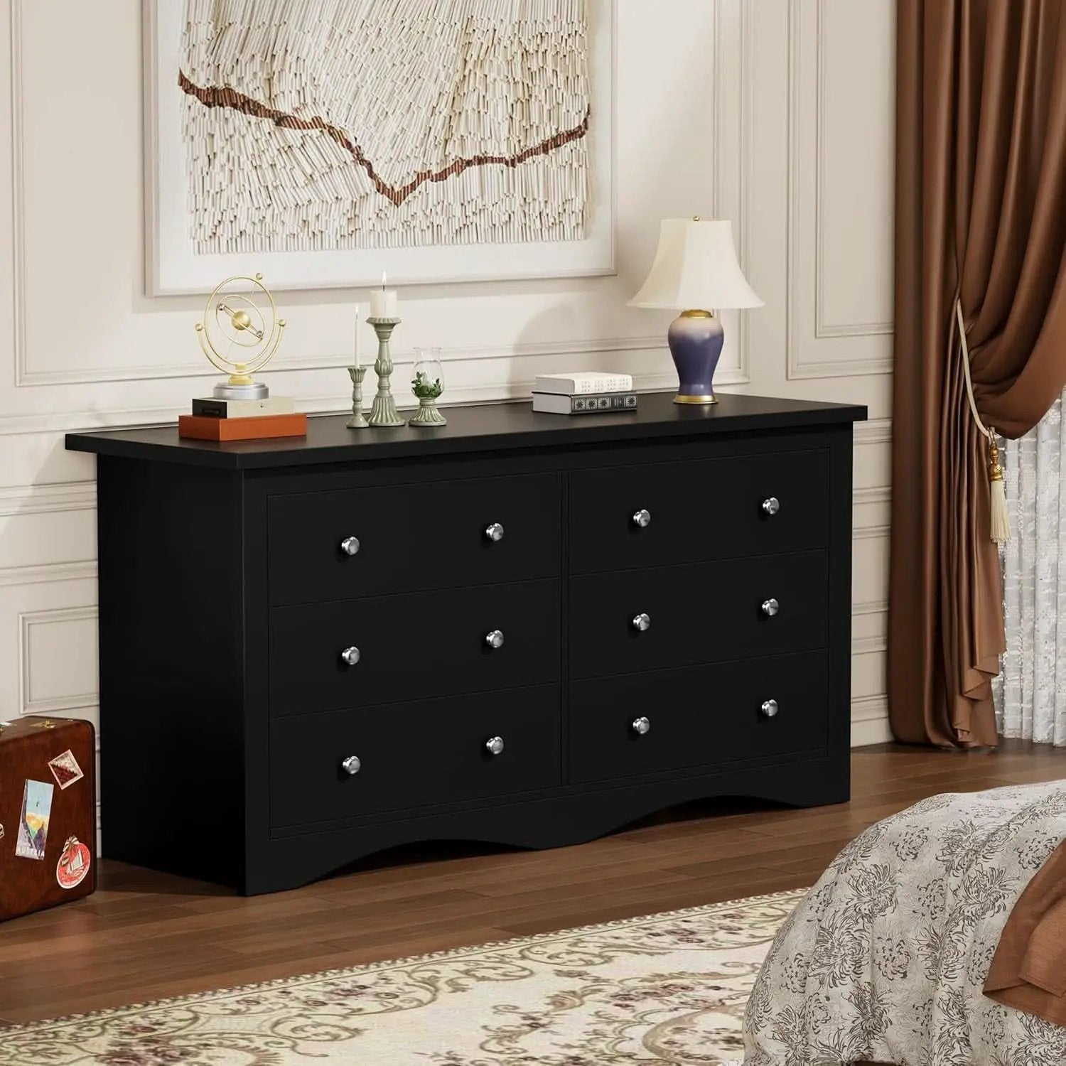 Glossy Black 52 Inch Six Drawer Dresser for Modern Storage from PriceLows™