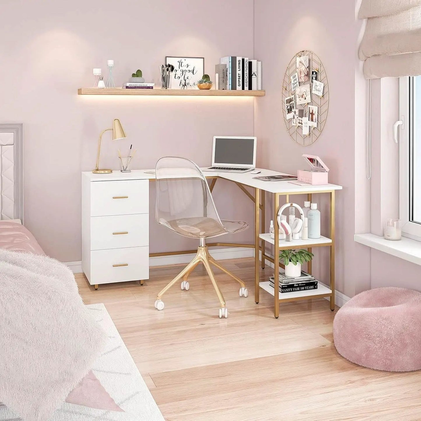 L Shaped Corner Desk Two Tone With Drawers And Shelves For Home Office from PriceLows™