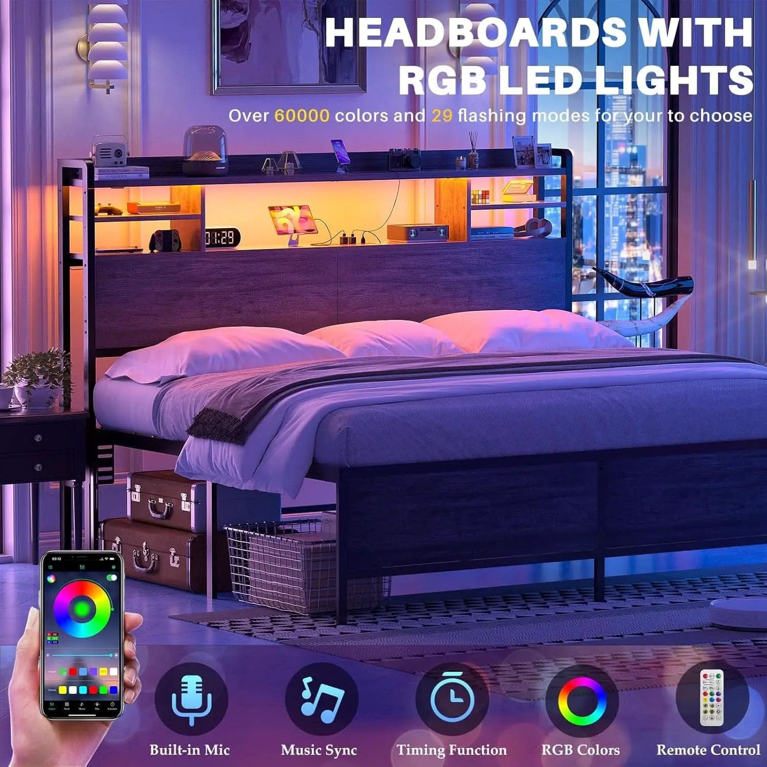 Modern Queen Size Headboard with Storage and USB Ports from PriceLows™