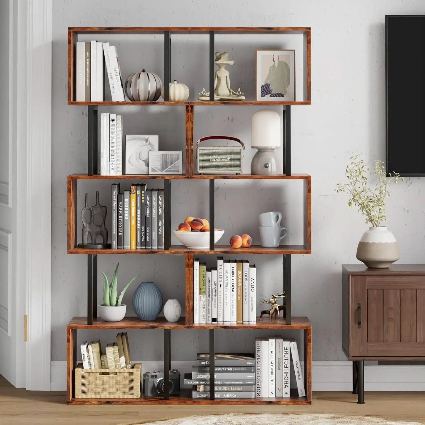 S Shaped 6 Tier Bookshelf Wood And Metal Room Divider from PriceLows™