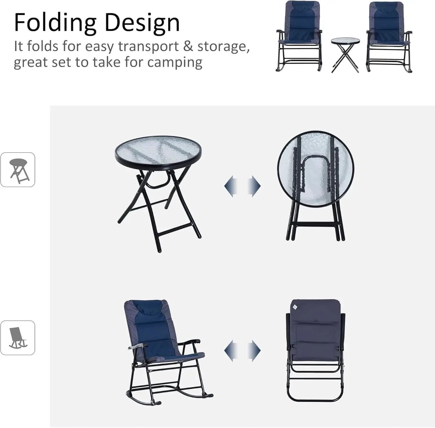 Three Piece Outdoor Patio Furniture Set With Glass Coffee Table And Two Folding Padded Rocking Chairs Navy Blue from PriceLows™
