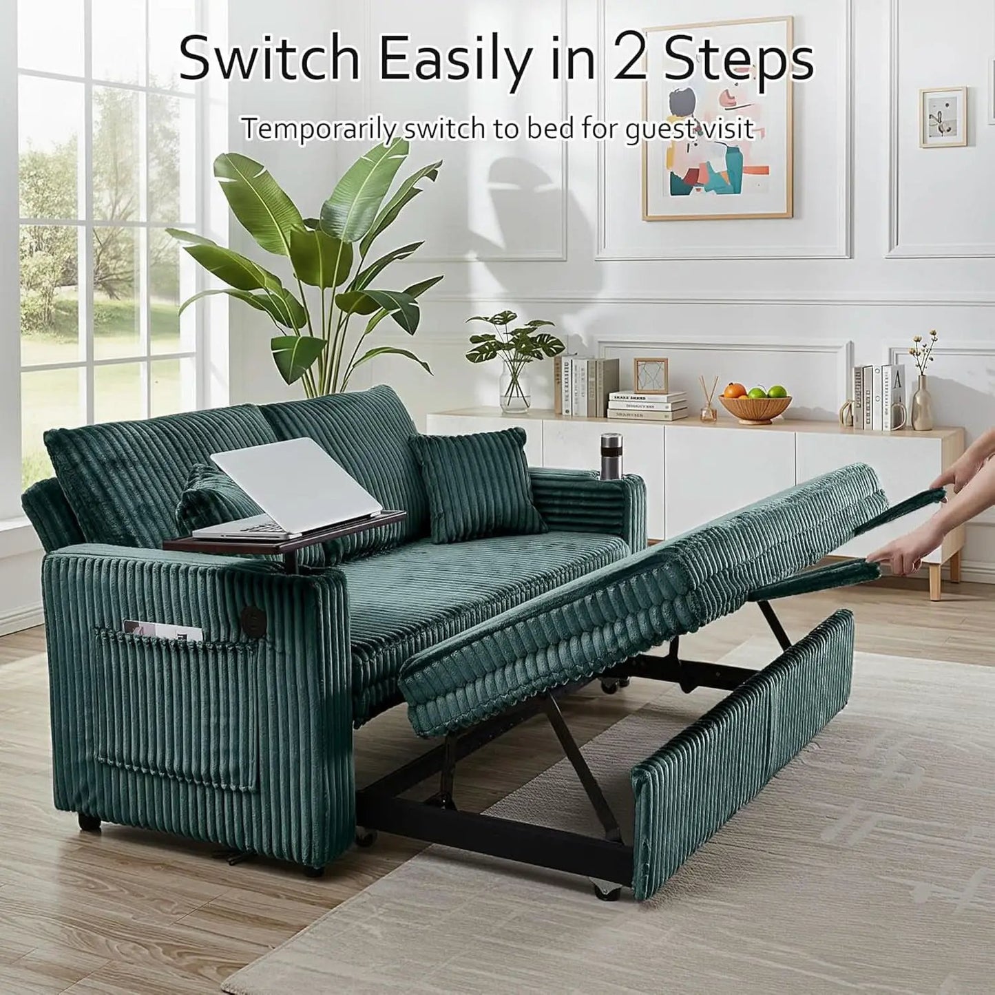 65Inch Sleeper Sofa Bed CorduroyFabric Emerald Green from PriceLows™