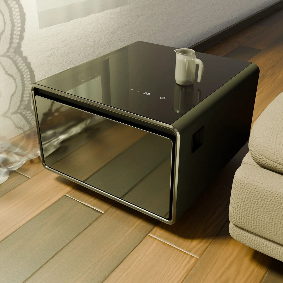 Modern Smart Side Table With Built-In Fridge, Wireless Charging, Temperature | 26.5 x 27.76 x 18.11 in | Living Room Furniture | Living Room
