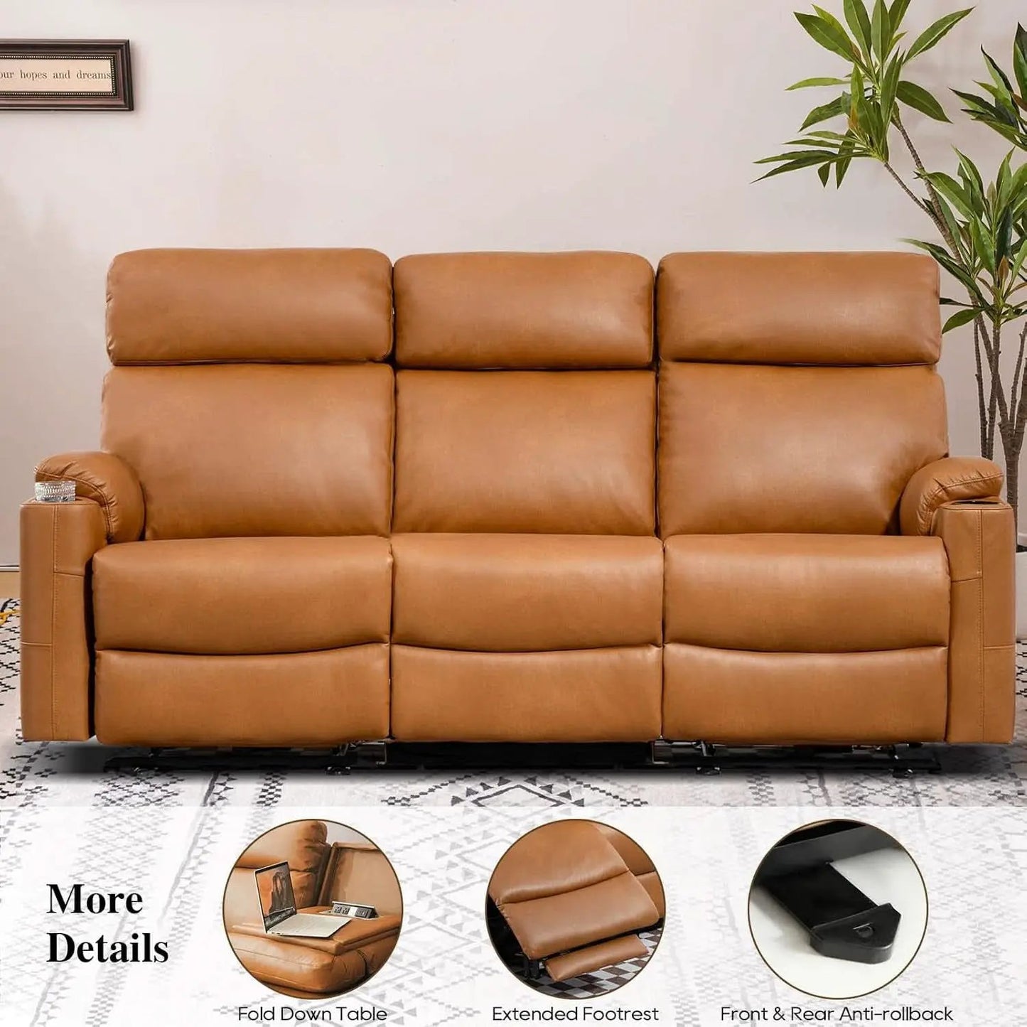 Power Three Seat Recliner Sofa With USB Ports Brown Finish from PriceLows™