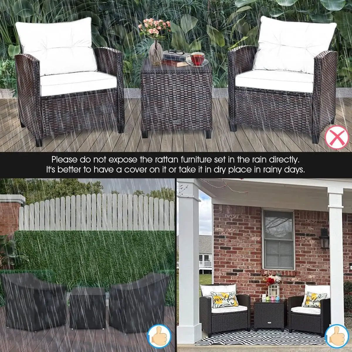 3 Piece Patio Furniture Set White PE Rattan Wicker Outdoor Sofa Set With Washable Cushions And Tempered Glass Tabletop from PriceLows™