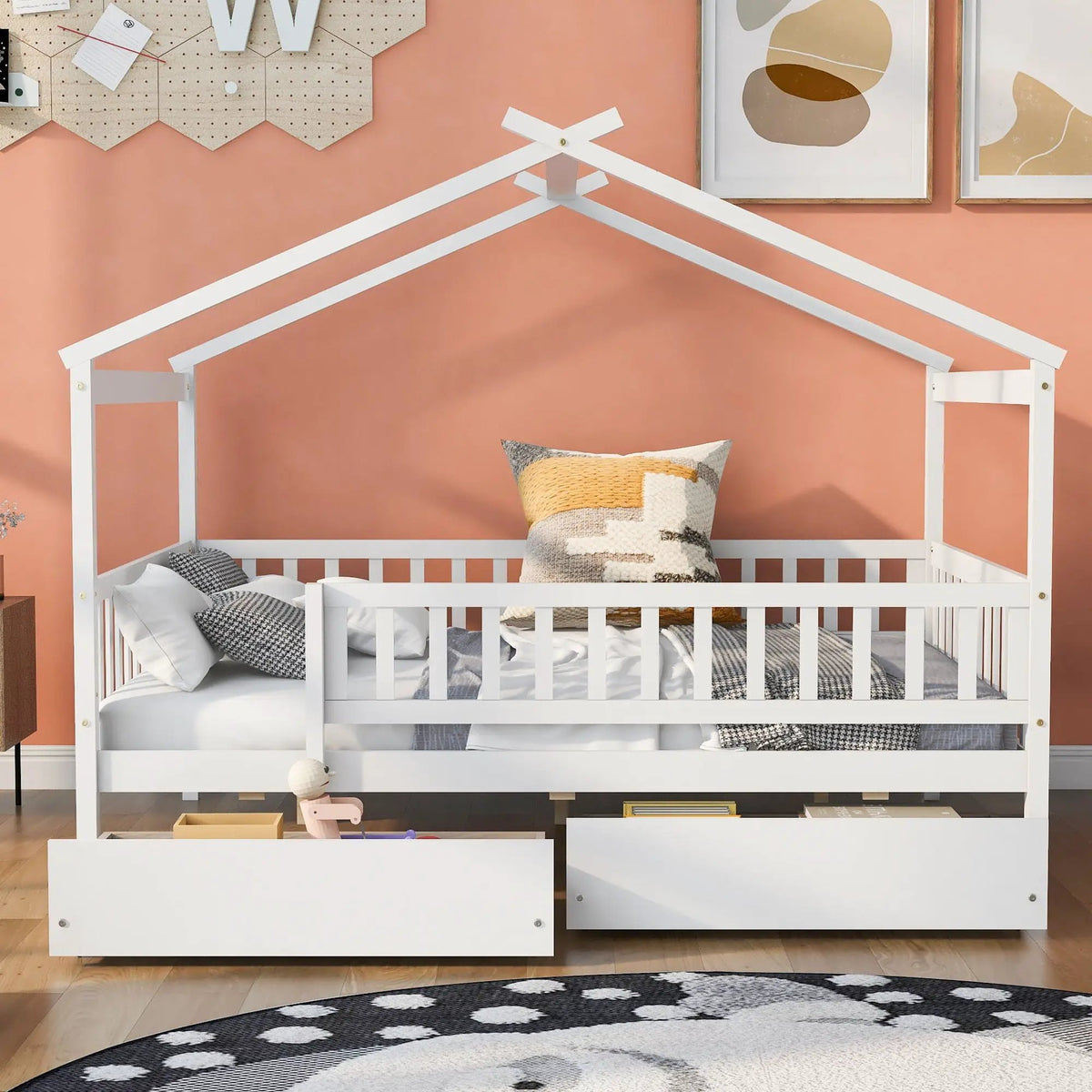 Kids House Bed With 2 Drawers | Sky Roof Design | Classic House Shape | 62.9 Inch Height