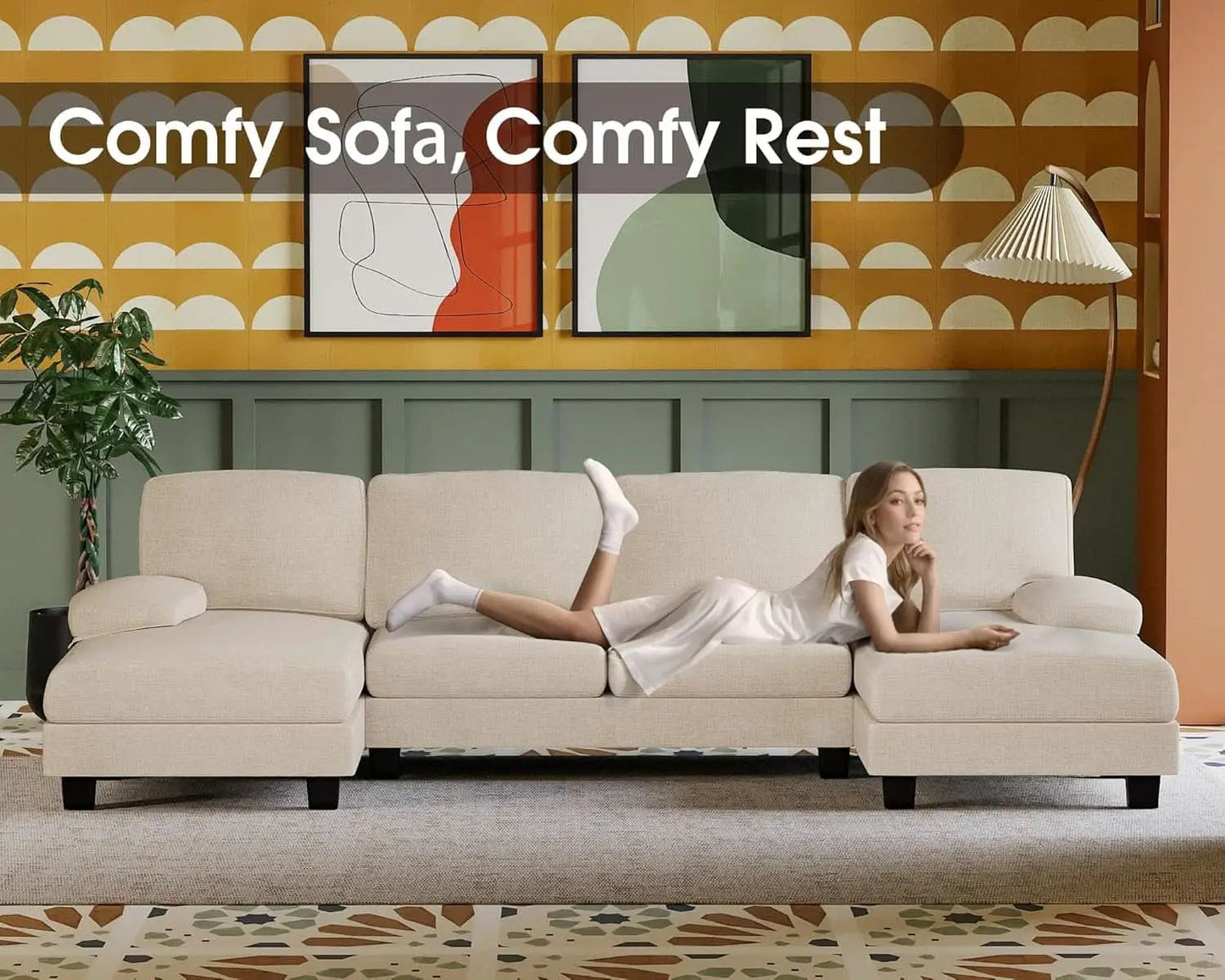 White Linen Sectional Sofa U Shaped 4 Seat Chaise Couch from PriceLows™