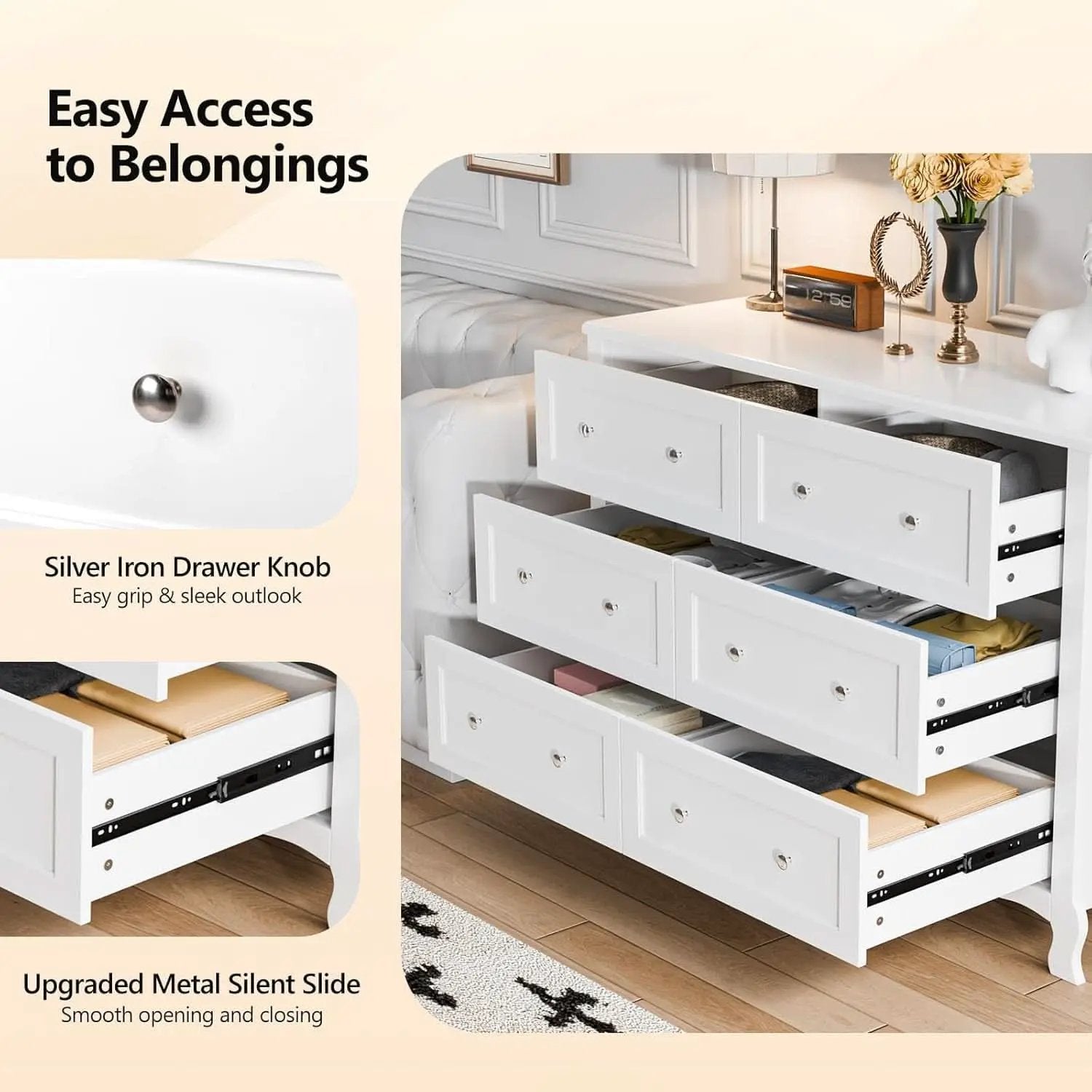 White Six Drawer Dresser Grooved Front ContouredProfile from PriceLows™