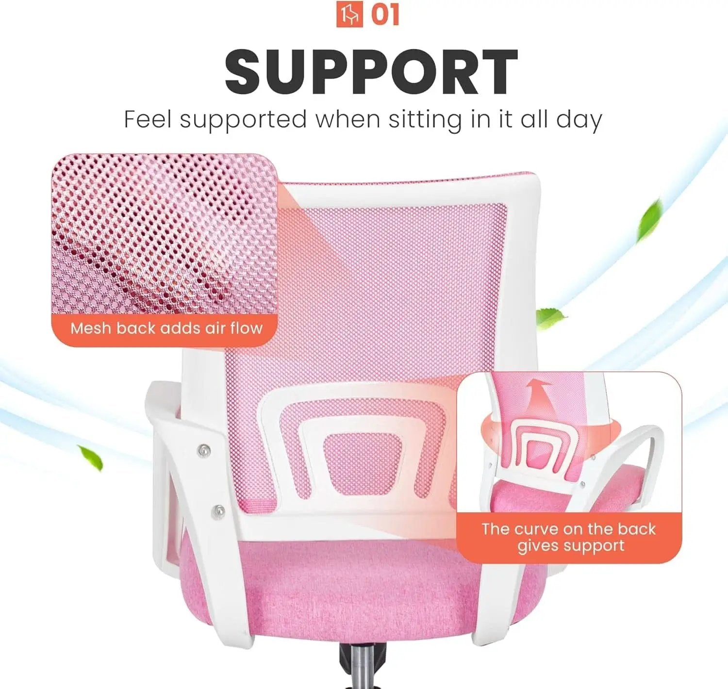 Ergonomic Pink Office Chair With Lumbar Support Mesh from PriceLows™