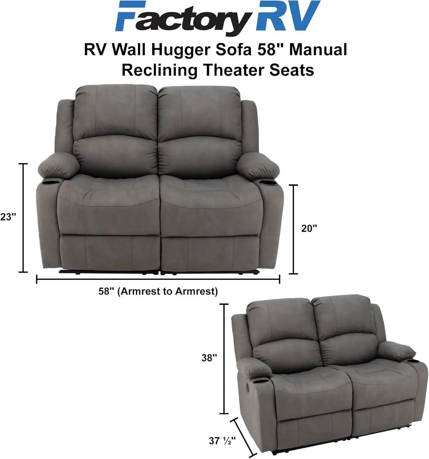 58 Inch Wall Hugger Double Recliner RV Theater Seats Slate from PriceLows™