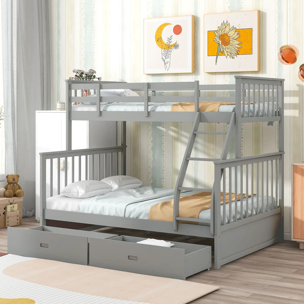 Bunk Bed With Ladder | Safety Guard Rails | Solid Pine Wood | Space-Saving Design