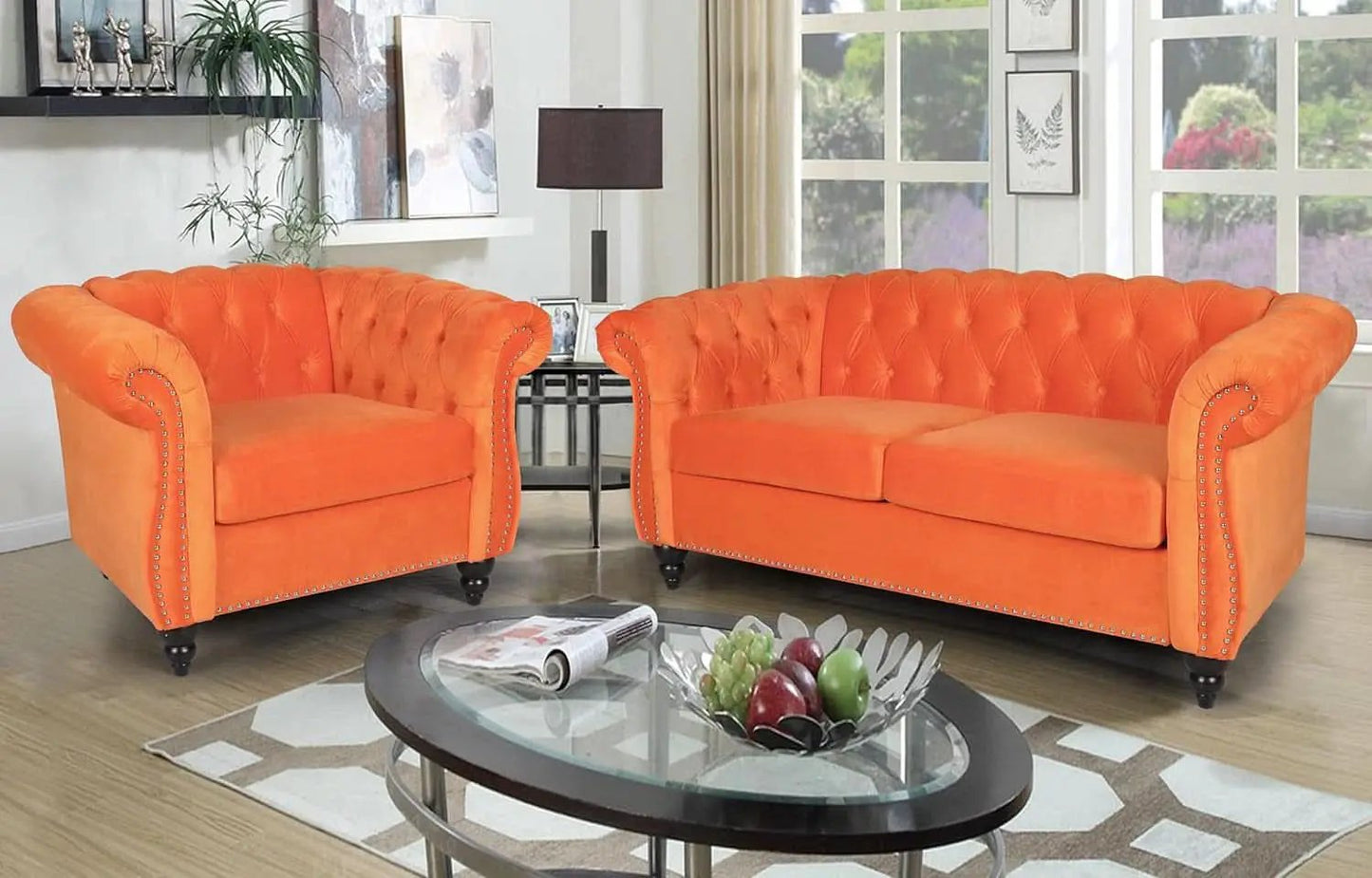 3 Piece Orange Velvet Living Room Sofa Set Includes Loveseat And Club Chair Durable Upholstery from PriceLows™