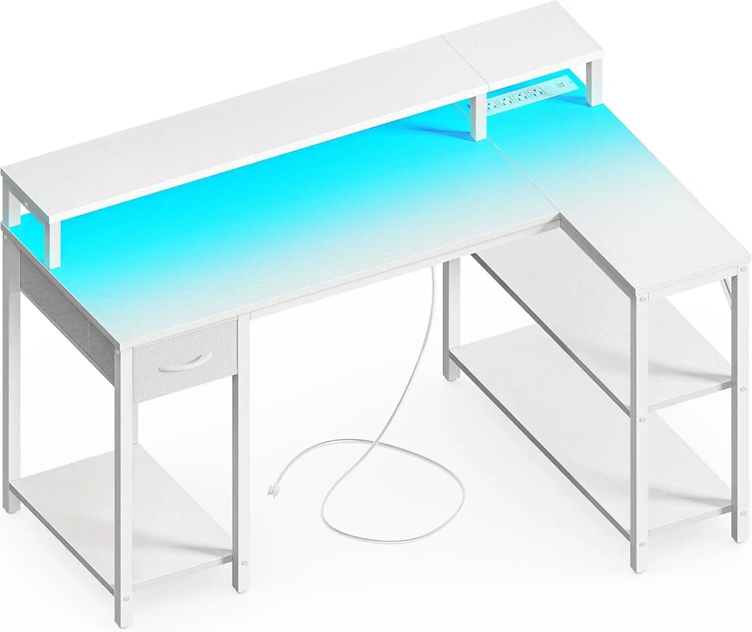 47 Inch White L Shaped Desk With LED Power Drawer Unit from PriceLows™