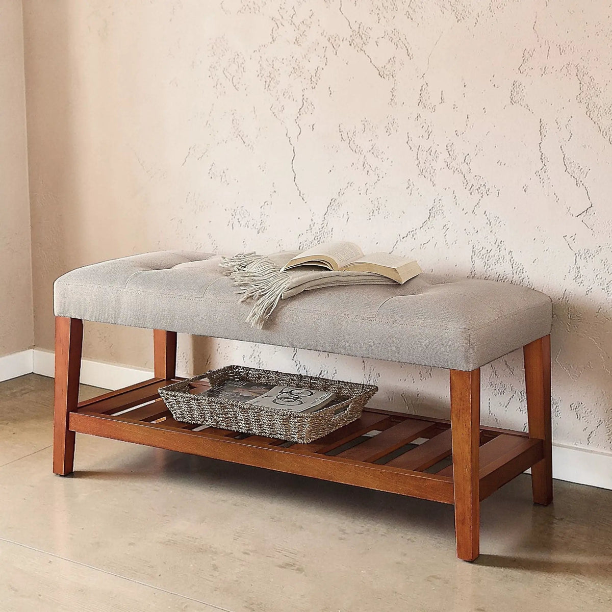 Charla Upholstered Bench | Tufted Fabric Seat | Oak Color Scheme | Armless Rectangular Design