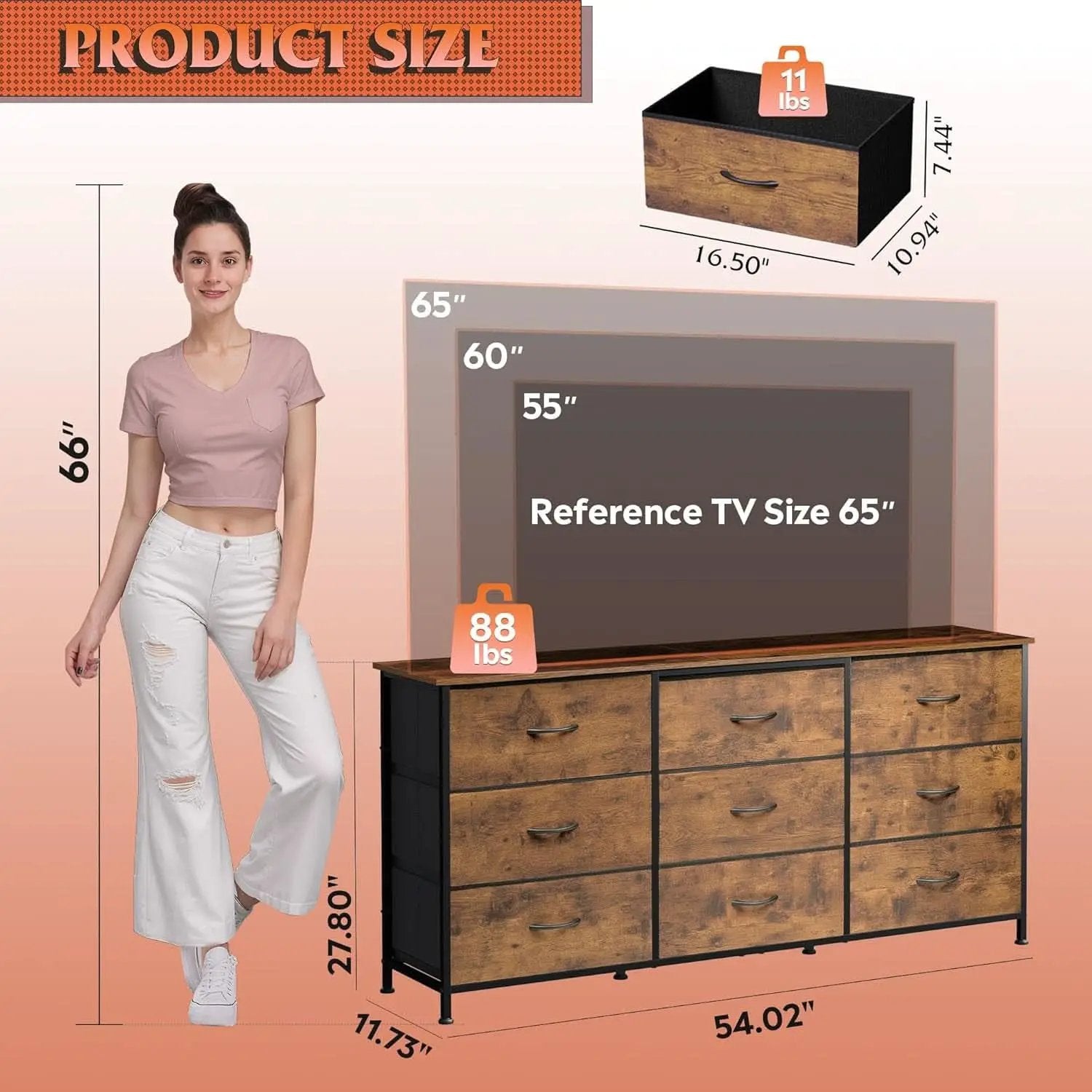 54 Inch Rustic Brown Dresser TV Console Cabinet Storage from PriceLows™