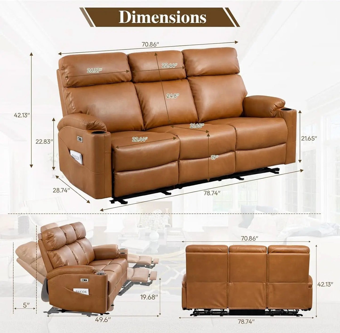 Power Three Seat Recliner Sofa With USB Ports Brown Finish from PriceLows™