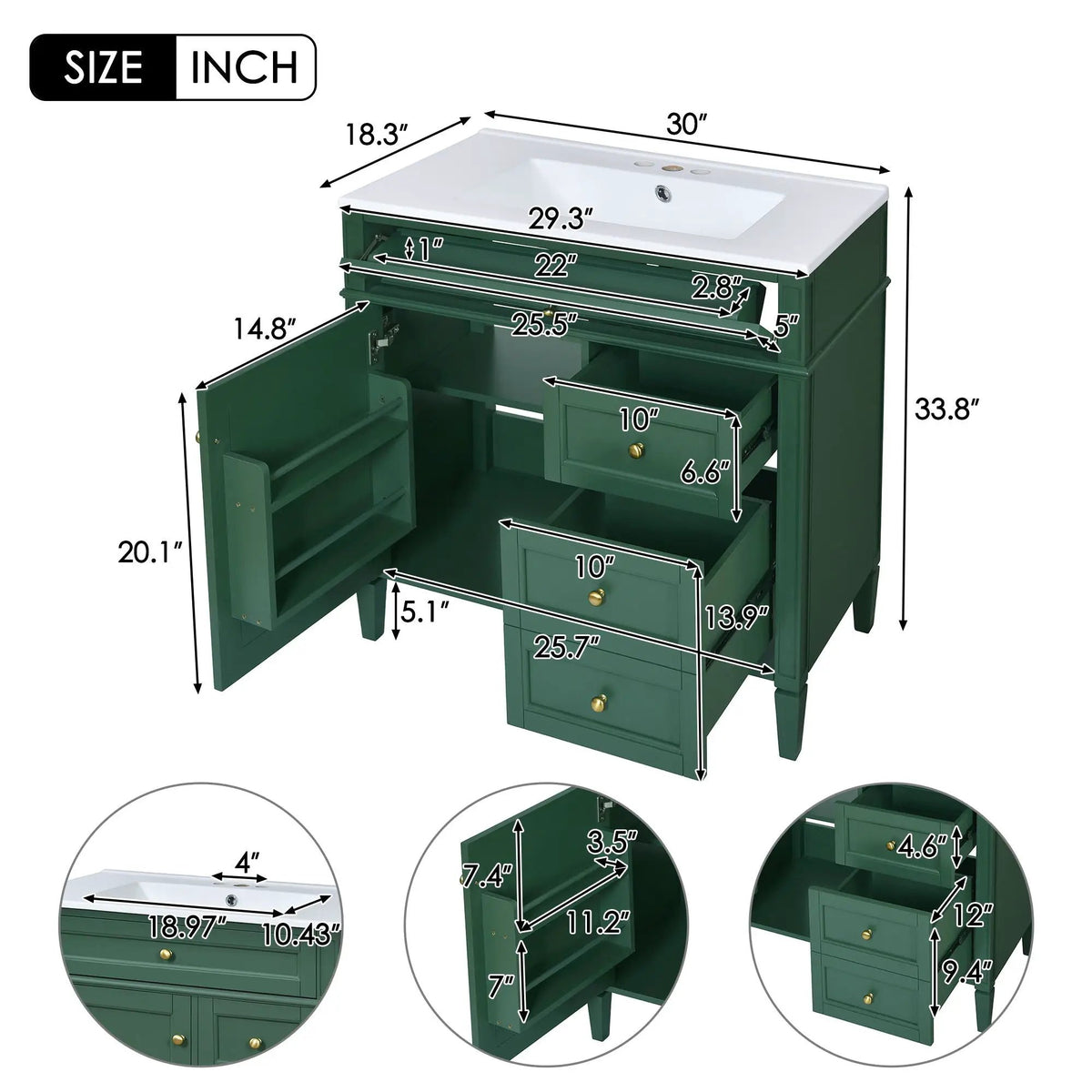 30 Inch Bathroom Vanity With Top Sink | 2 Drawers | Tip-Out Drawer | Vintage-Inspired Handles