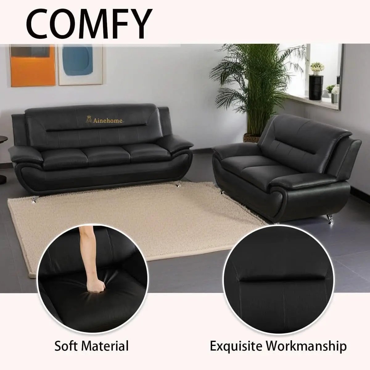 Black 5 Seat Faux Leather Sectional Sofa Set For Living Room from PriceLows™