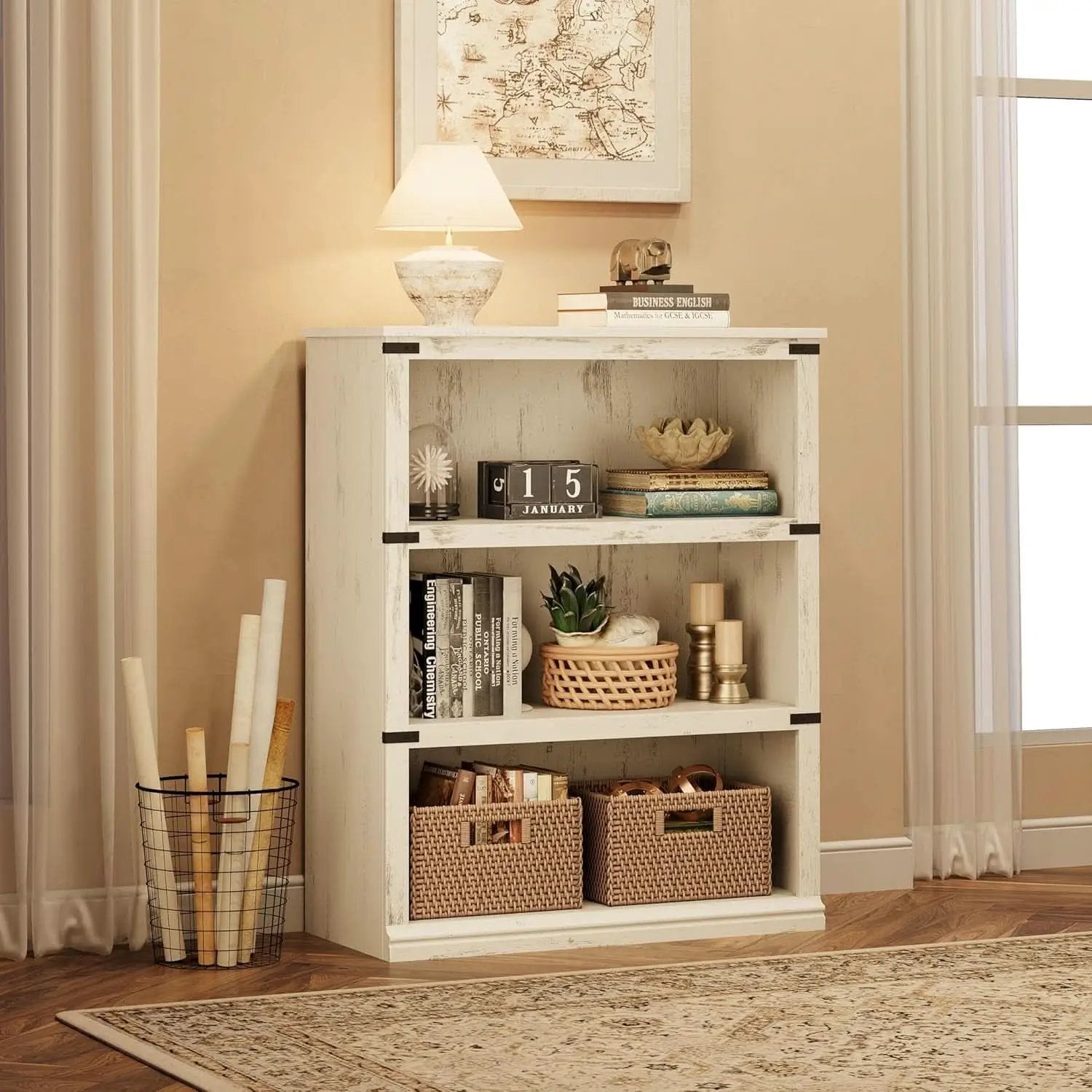 3 Tier Farmhouse Wood Bookcase With Storage White 40 Inch High 31.5 Inch Wide For Living Room And Home Office from PriceLows™