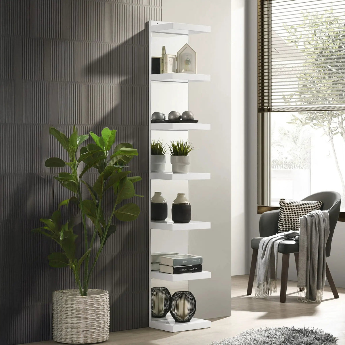 Glam Open Shelving Rack | Mirrored Back | Cream And White | 74.8 Inch Height