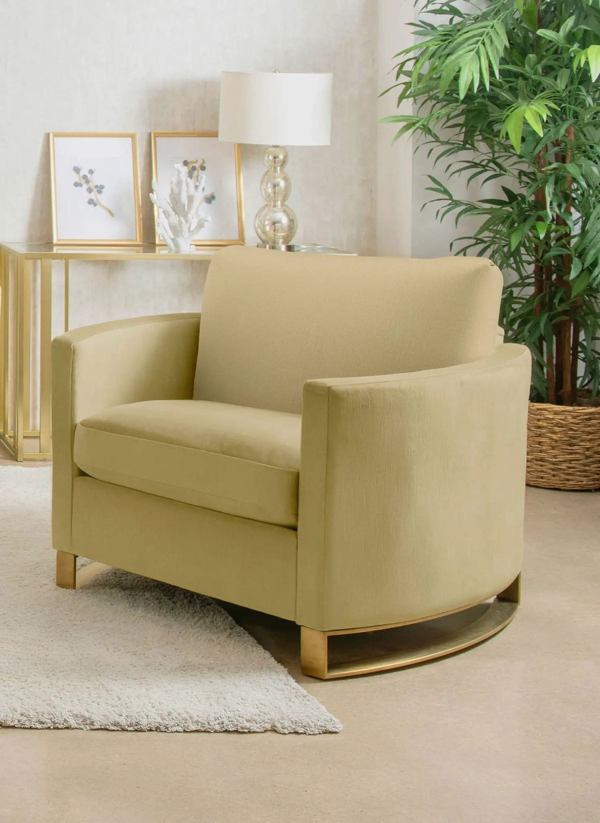 Corliss Upholstered Curved Track Arm Chair Camel | 38.5 x 36.5 x 36 in | Velvet & Stainless Steel | Living Room