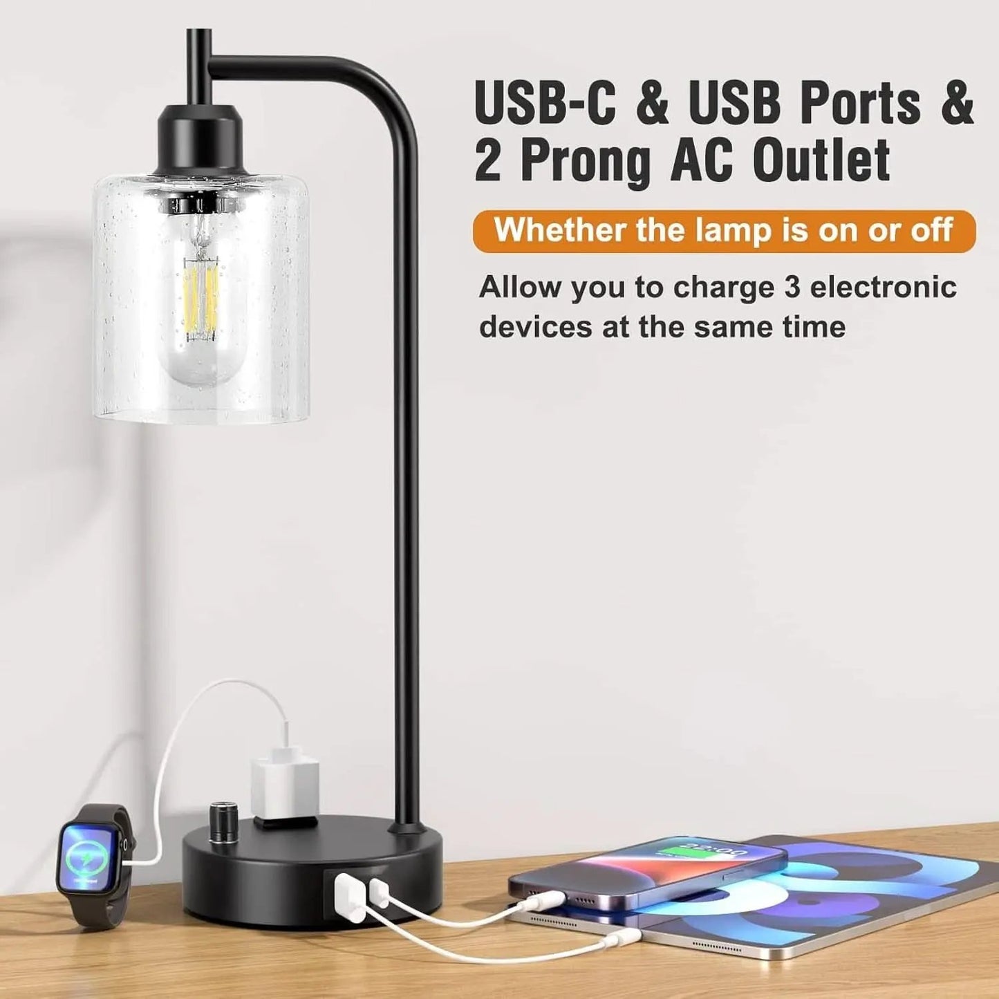 Industrial Table Lamps 2 Pack Black Dimmable USB Ports from PriceLows™
