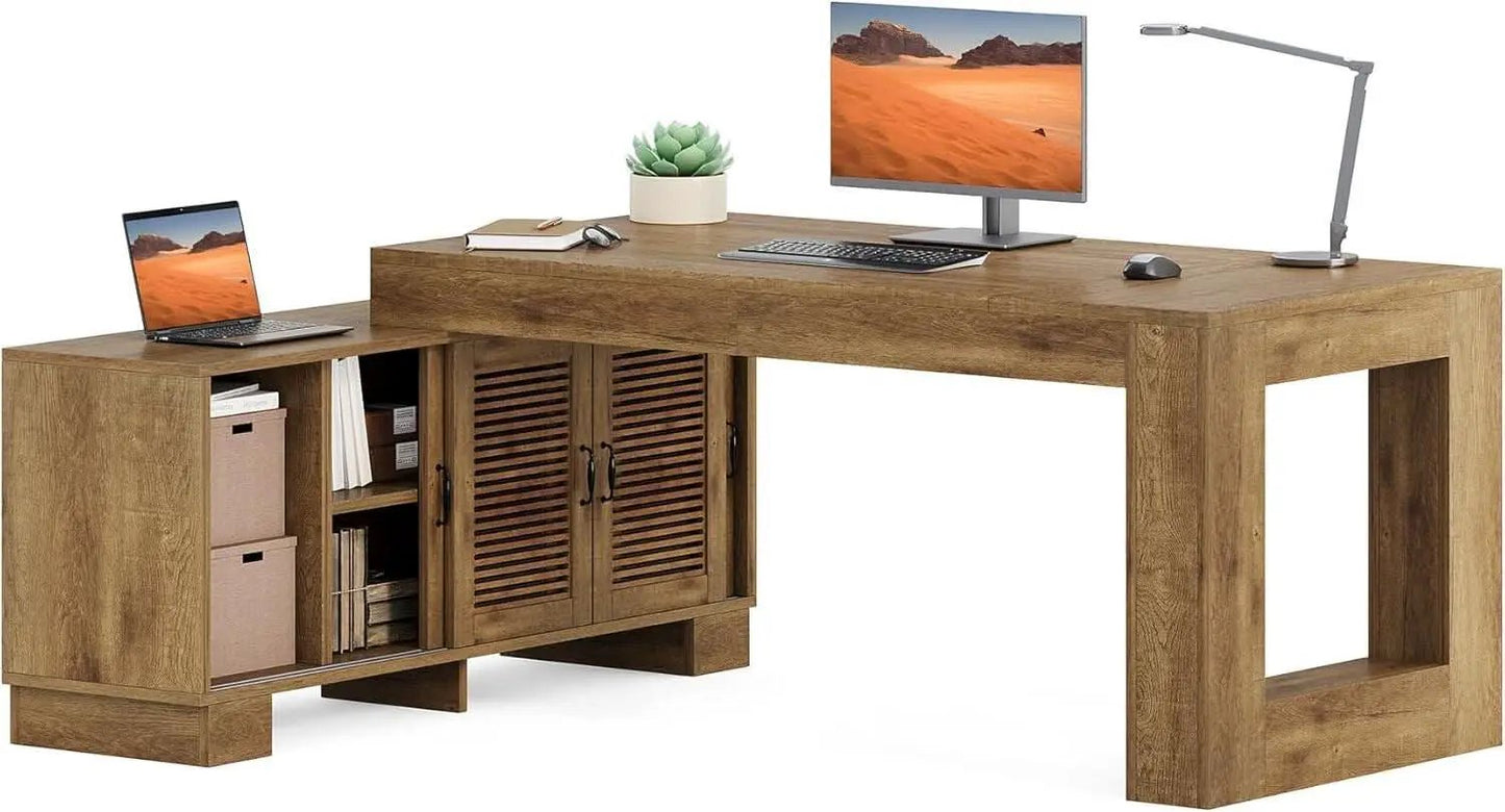 Brown 63 Inch Long L Shaped Desk With Sliding Cabinets from PriceLows™