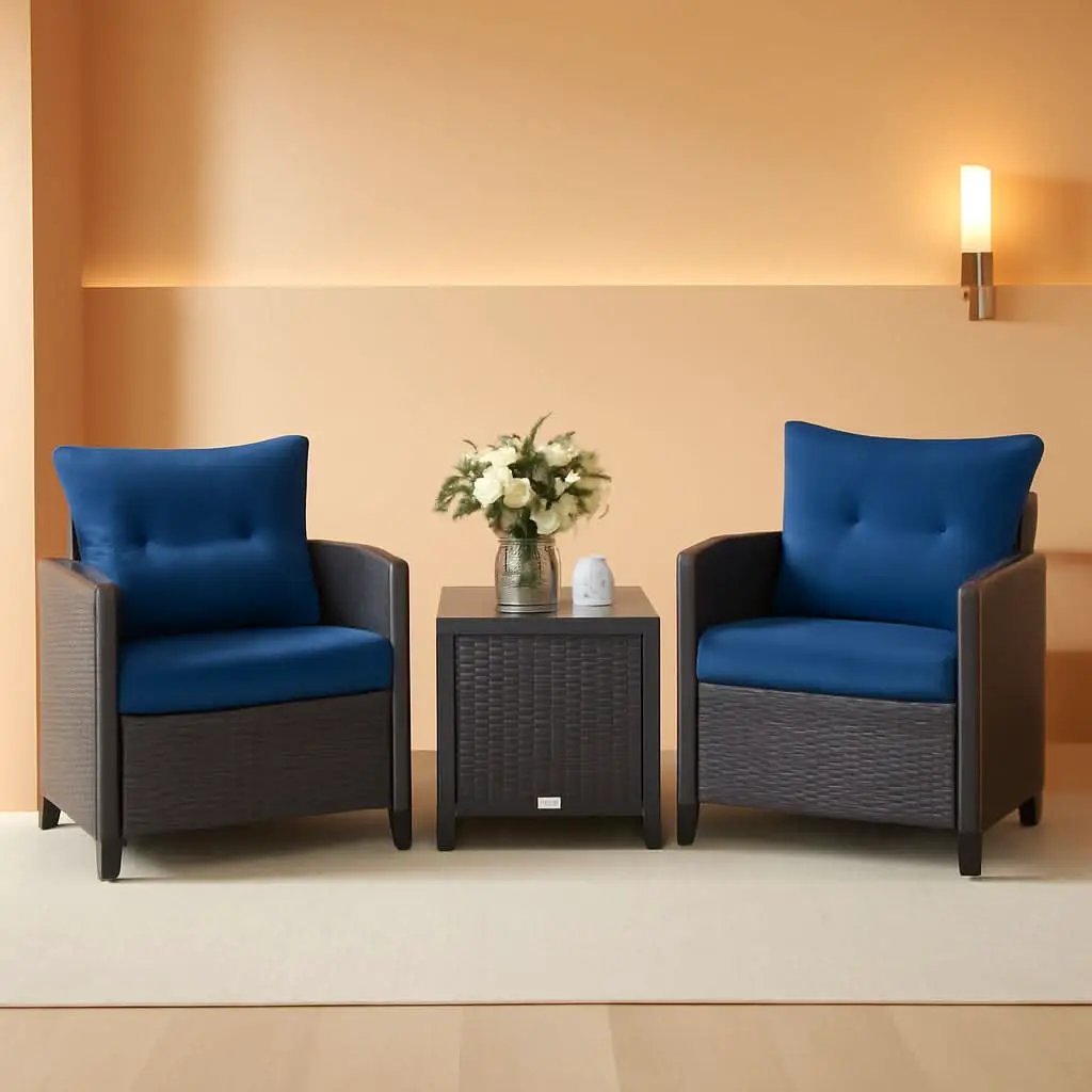 Three Piece Patio Furniture Set With Washable Cushions And Tempered Glass Tabletop Navy Blue from PriceLows™
