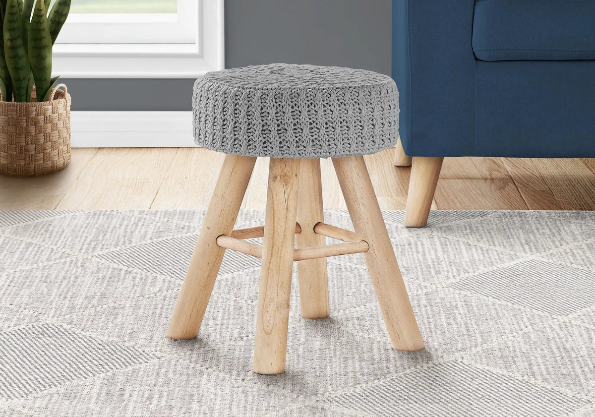 Round Ottoman Pouf | Padded Knit Seat | Natural Wood Legs | Contemporary Style
