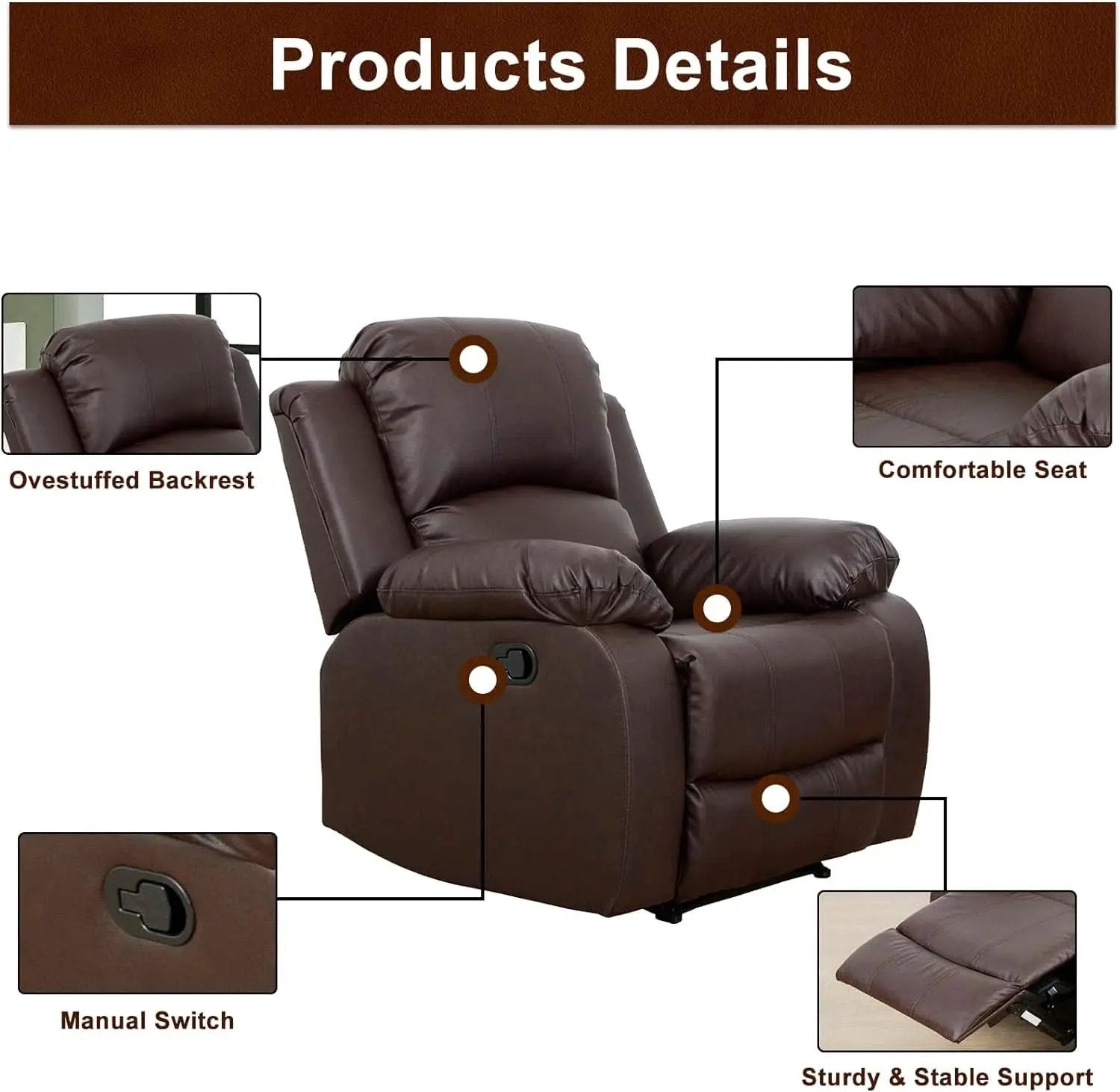 Brown Leather 3 Piece Recliner Sofa Living Room Set from PriceLows™