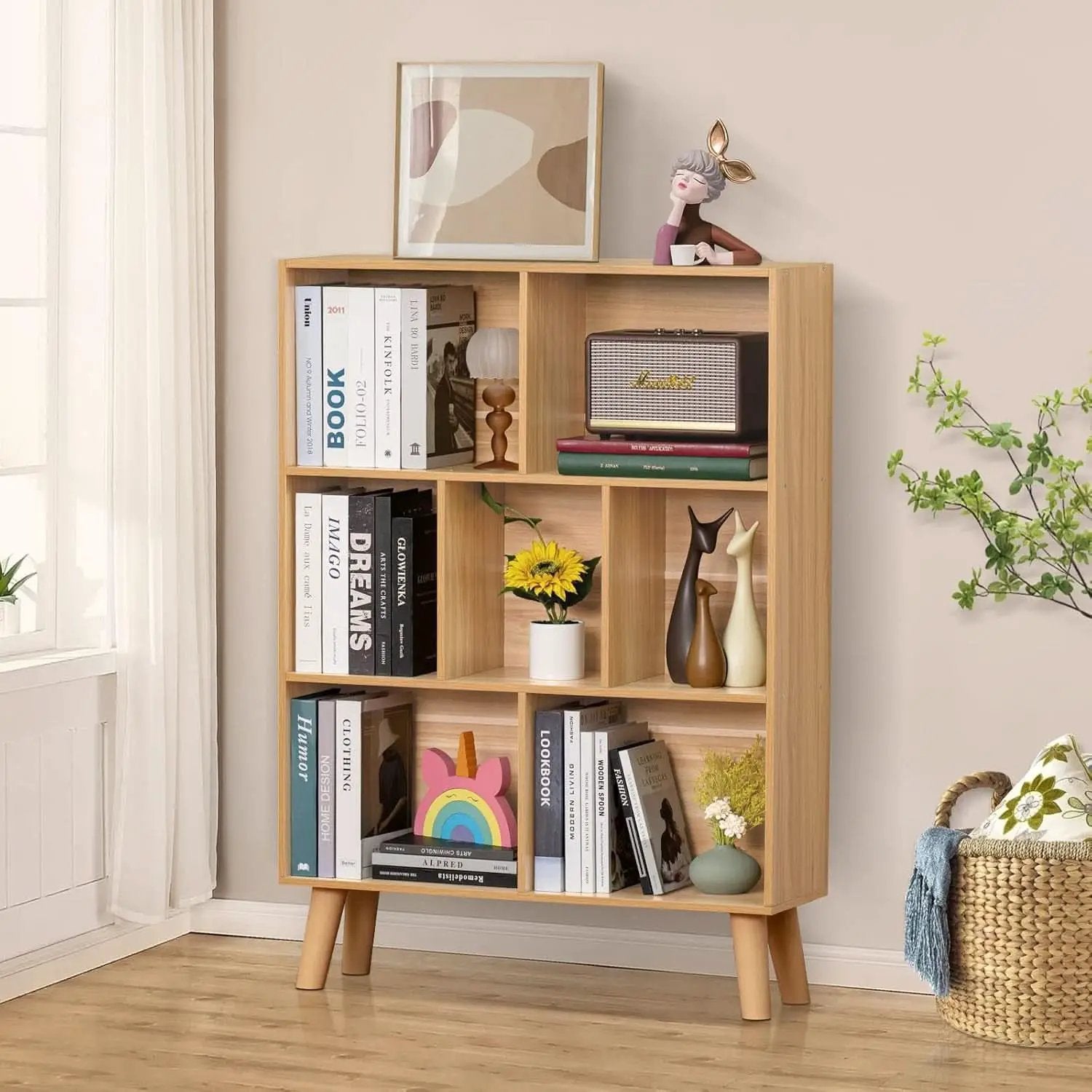 Wooden 7 Cube Bookshelf Natural Finish 3 Tier Freestanding from PriceLows™