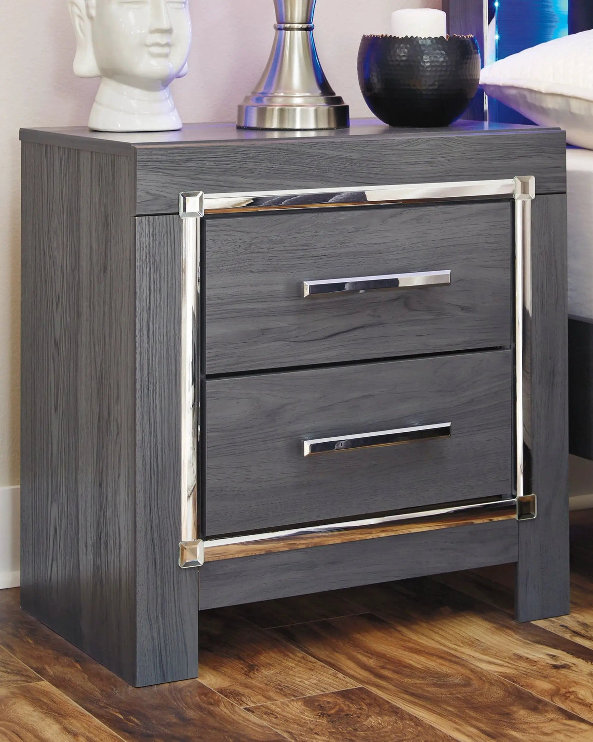 Lodanna Two Drawer Night Stand Accent Nightstand | 23.66 x 15.71 x 24.41 in | Engineered Wood & Linen | Gray