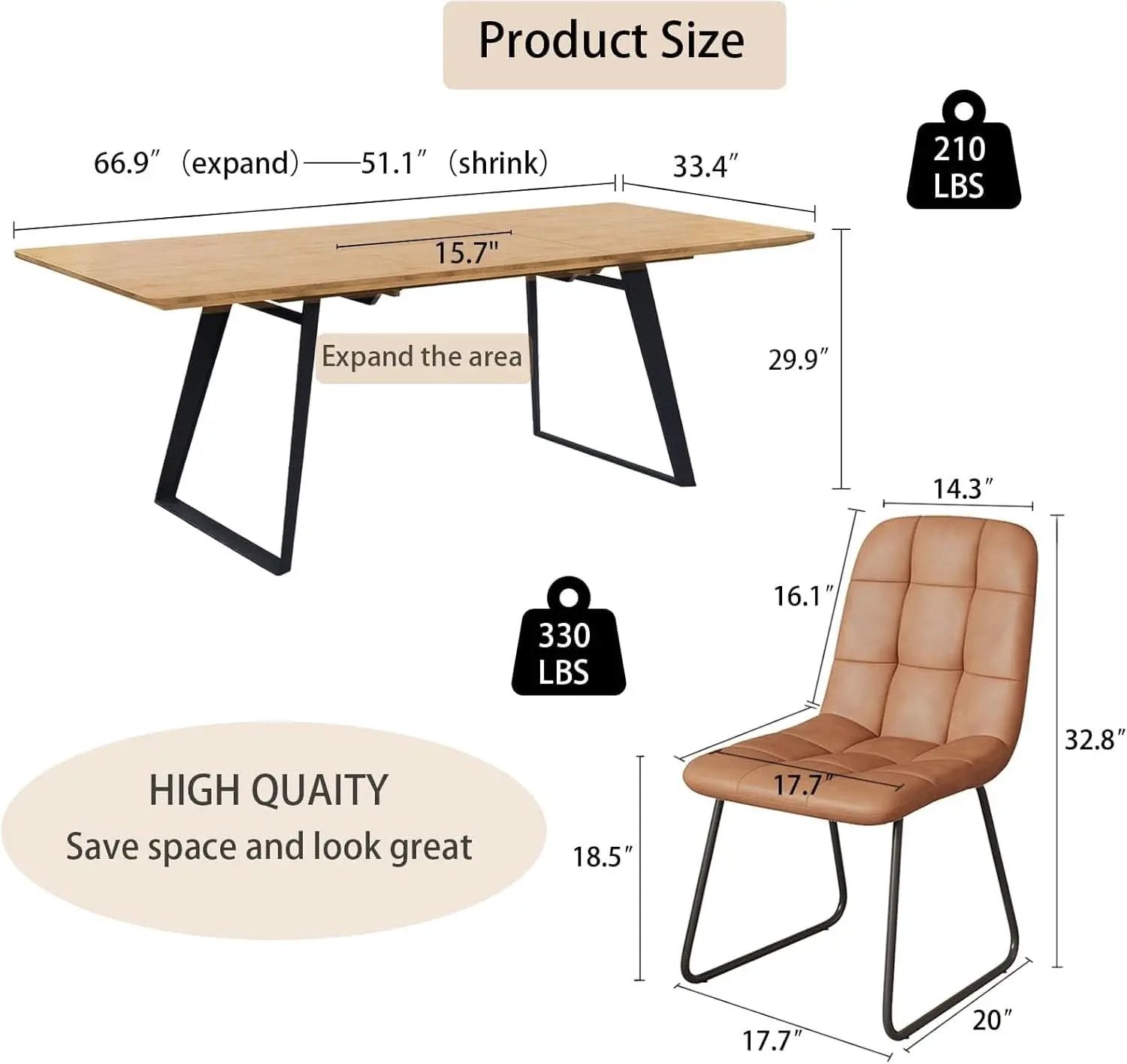 Expandable Oak Wood Dining Table Set For 6 To 8 Seats 51 To 67 Inches from PriceLows™
