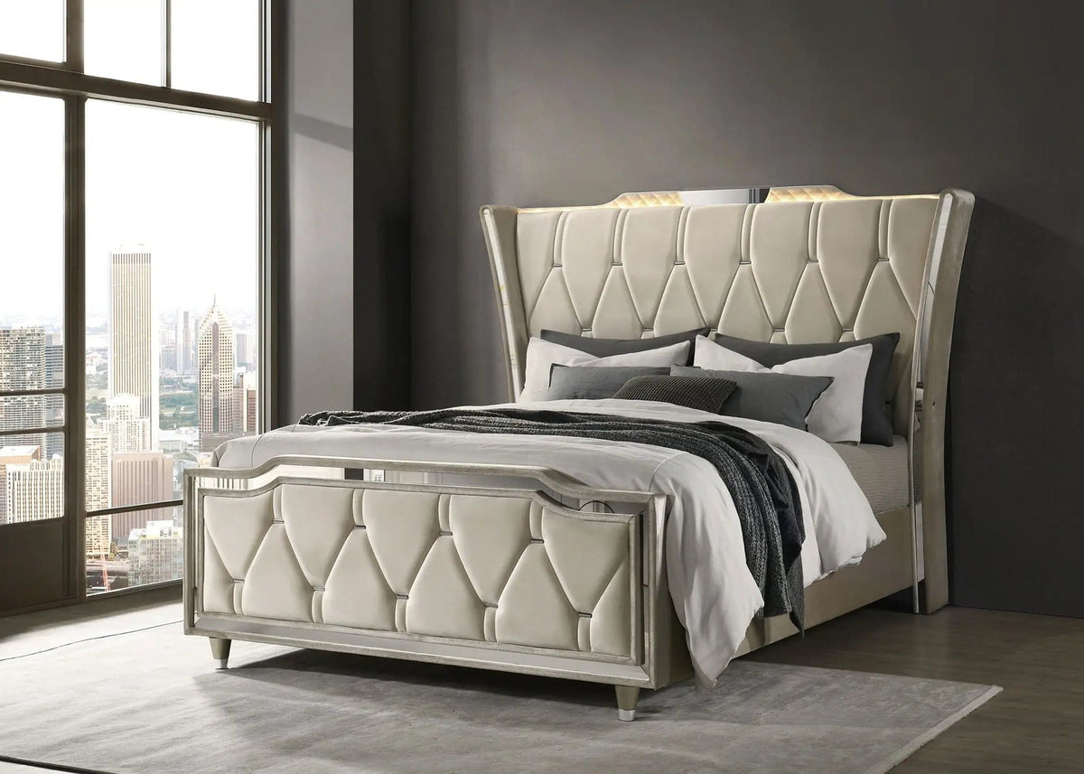 Lorient Queen LED Upholstered Wingback Bed Ivory and Camel | 80.25 x 92.5 x 63.25 in | Rubberwood & Engineered Wood | Bedroom