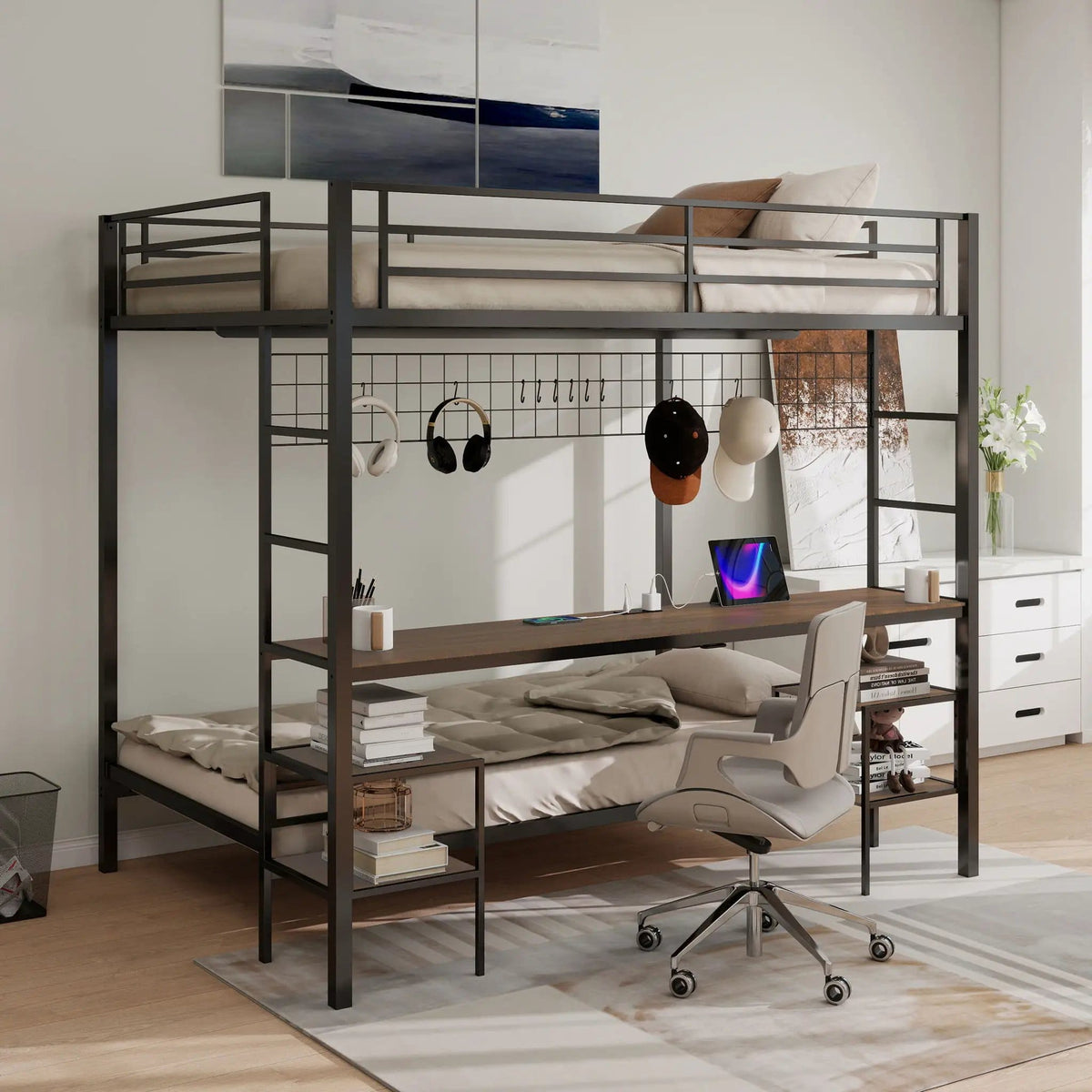 Ethan Bunk Bed With Desk, Charging Station, Storage Shelves | 2 Pieces | Metal | Bedroom