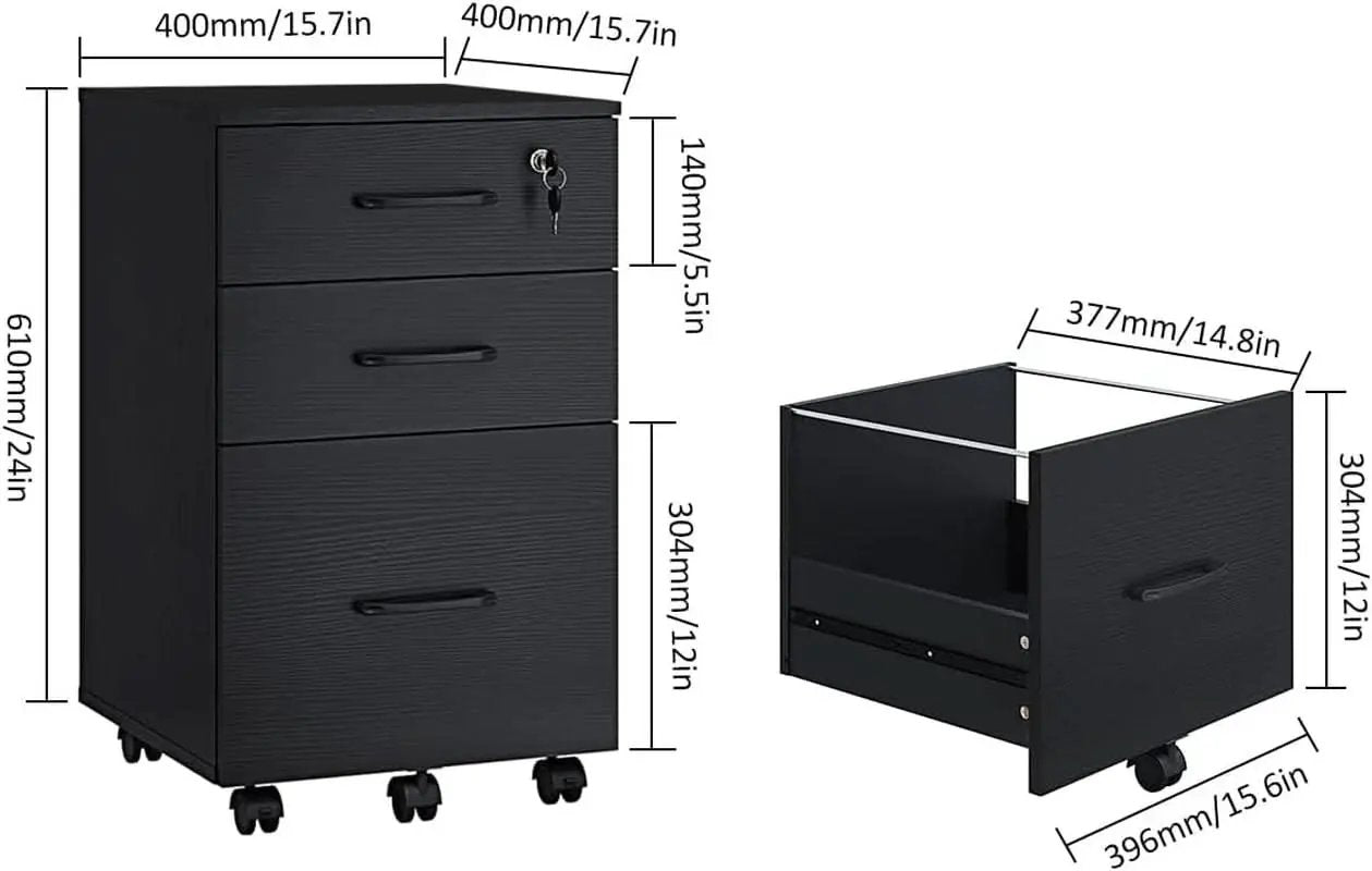3 Drawer Wood Mobile File Cabinet With Wheels Black Under Desk Office Storage For Home Office Use from PriceLows™